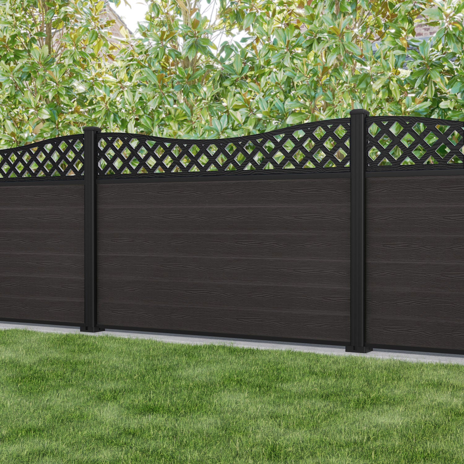 Dark Oak Classic Low Wave Fence Panel with Aluminum Posts - Durable & Stylish Backyard Privacy Fence for Gardens, Patios, and Pool Areas