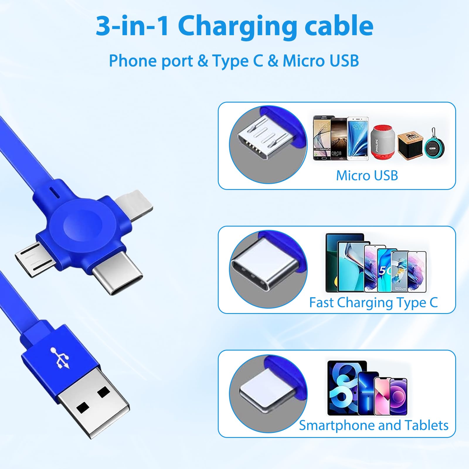 Nadiaen 3-in-1 Retractable Charging Cable - Fast Charging & Data Sync for iPhone, Samsung Galaxy, Huawei, PS, Tablets (Blue/Black/Red) | Perfect for Home, Office & Travel Accessories