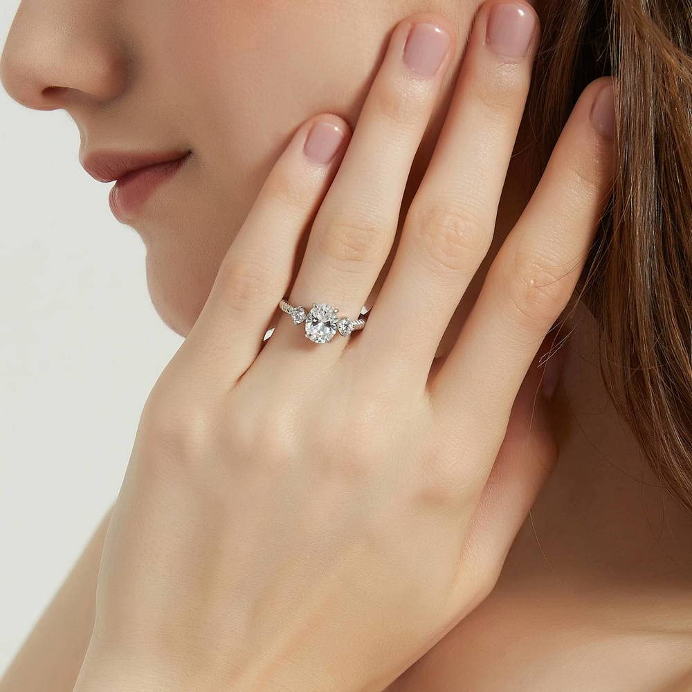 BERRICLE Sterling Silver 3-Stone Oval Cut Cubic Zirconia Engagement Ring for Women - 1.8 Carat CZ Wedding Band, Rhodium Plated Size 4-10 - Perfect for Proposals, Anniversaries & Special Occasions