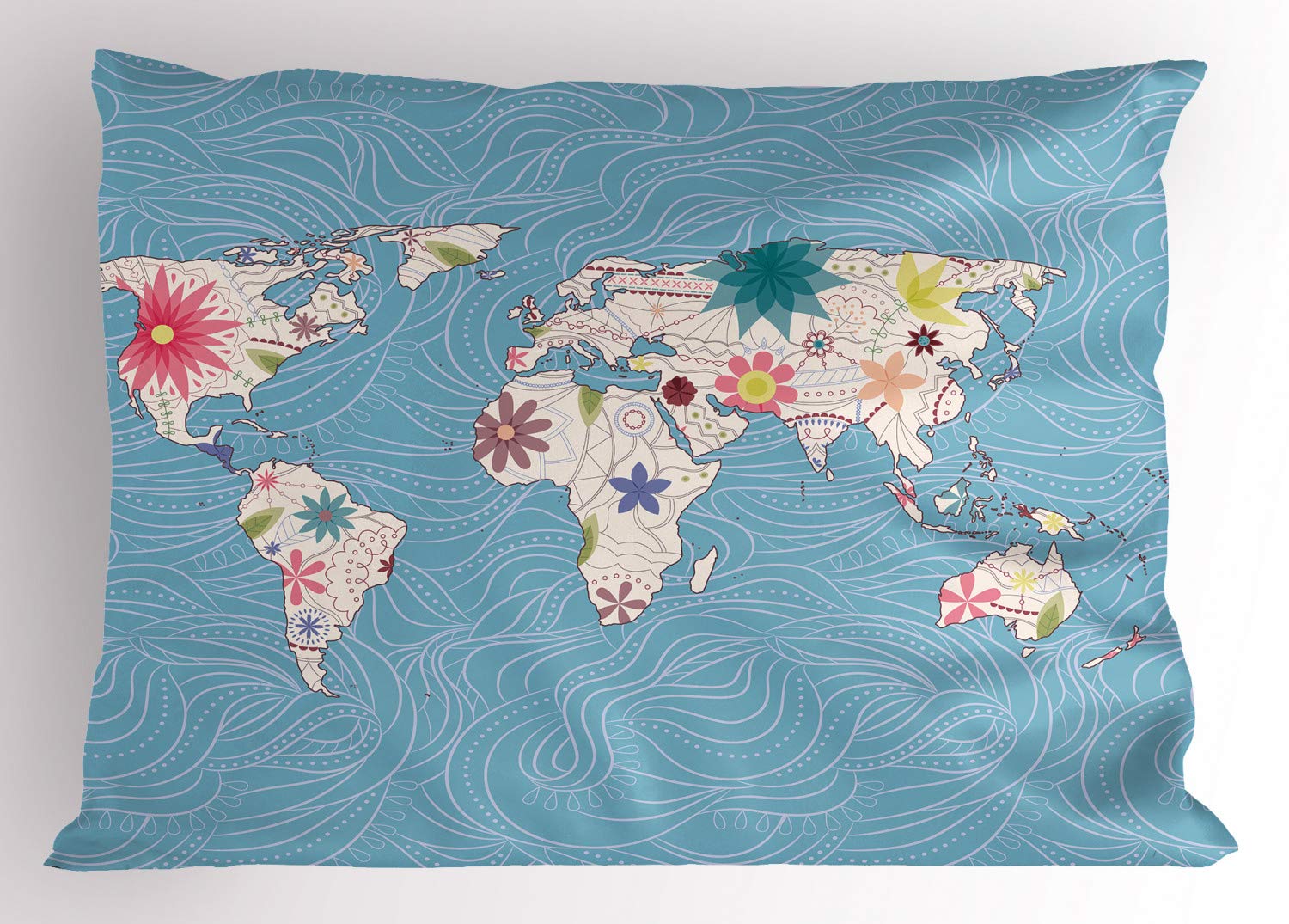 Ambesonne Floral World Map Pillow Sham - Blossom Atlas Continents Nature Design Travel Theme Decorative Standard Size Printed Pillowcase (26