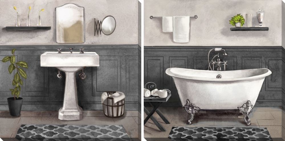 Modern White and Grey Bathroom Wall Art Set of 2 - 16x16 Inch Contemporary Abstract Canvas Prints for Home Decor, Spa, Powder Room & Guest Bathroom