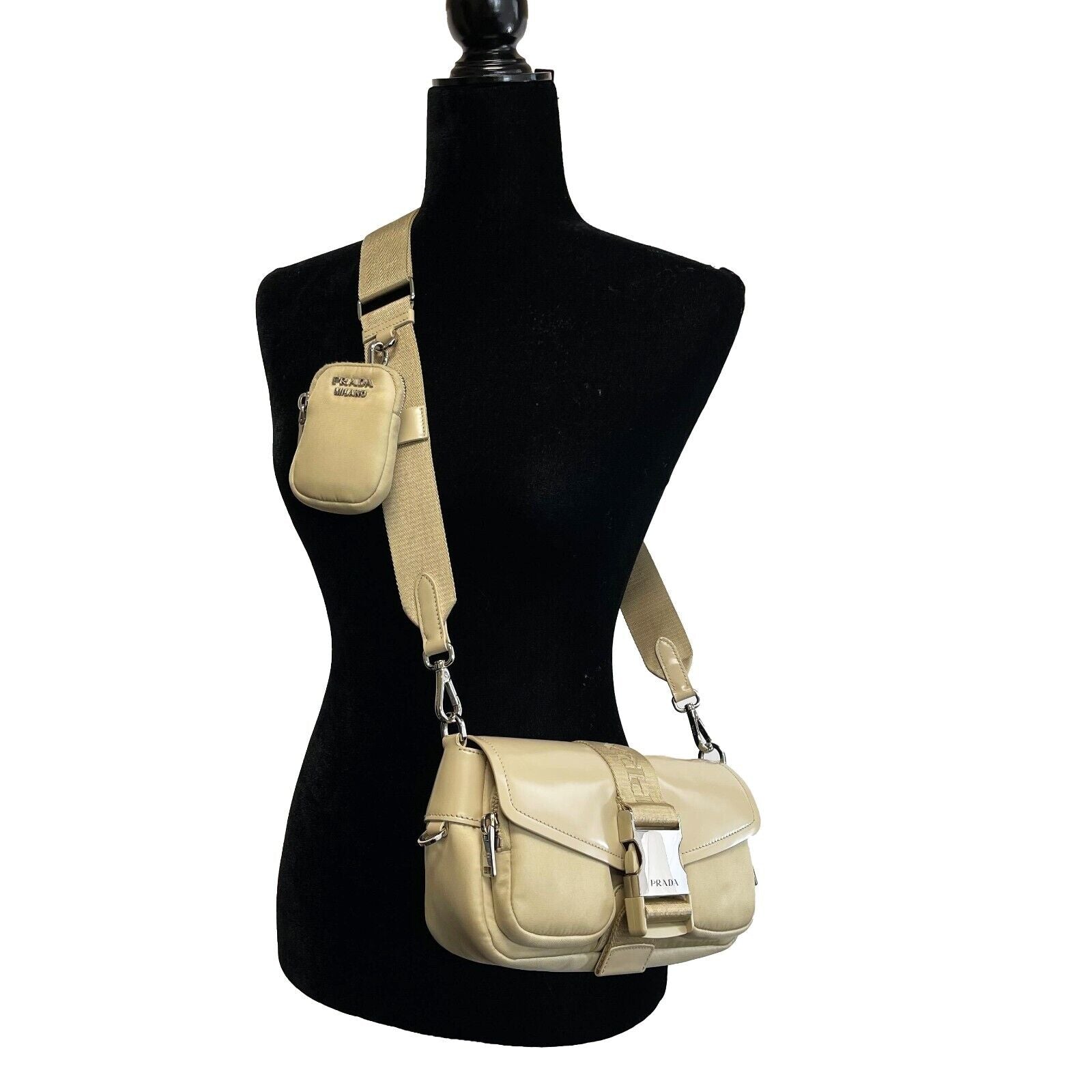 PRADA Re-Nylon Tessuto Brushed Calfskin Shoulder Bag with Pocket in Desert Beige | Luxury Crossbody Purse for Women | Perfect for Work, Travel & Everyday Use