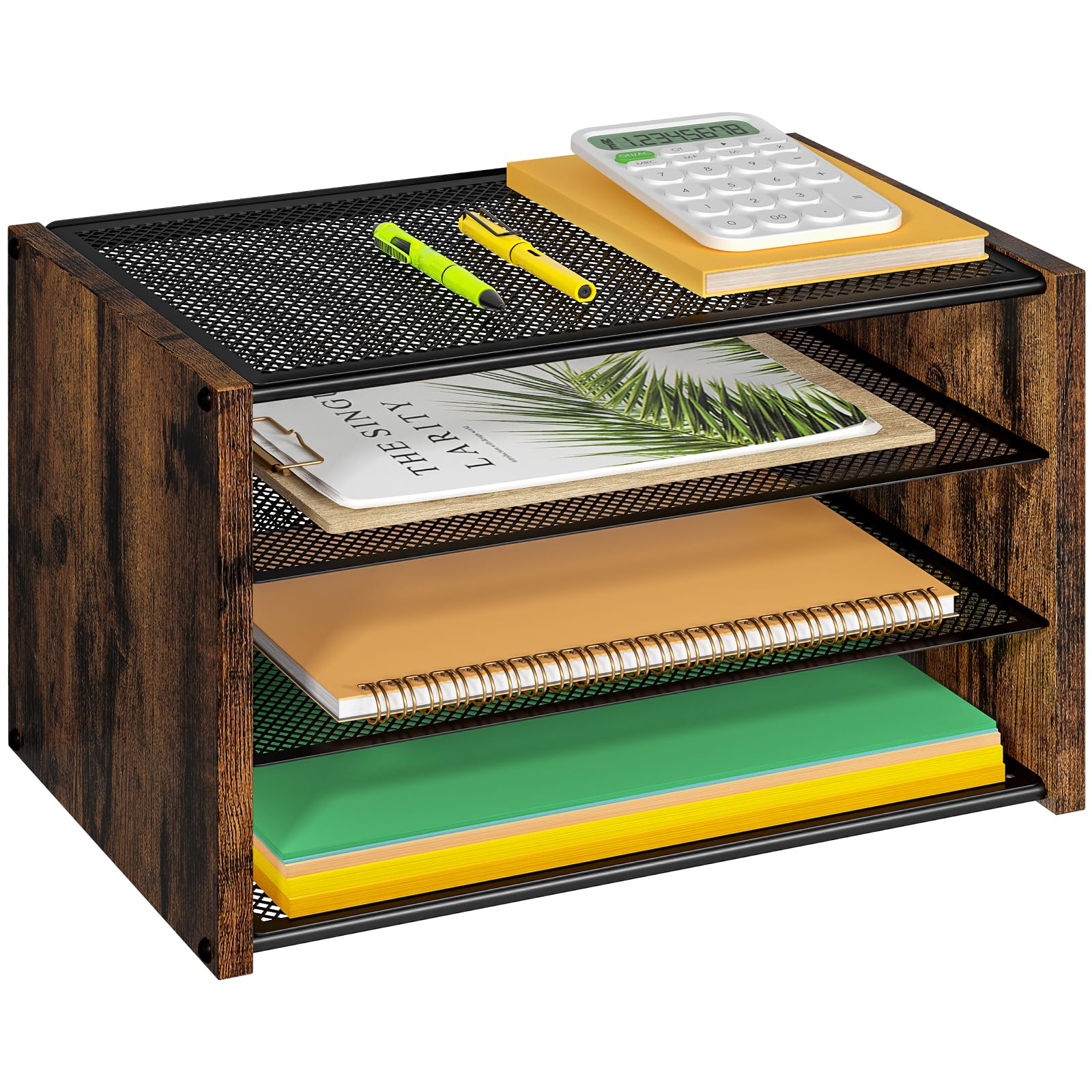 3-Tier Wooden Paper Letter Tray - Stackable Metal Mesh Desk Organizer for Office, Home & School | Rustic Brown File Holder for Documents, Mail & Stationery | Perfect for Workspace Organization & Decluttering