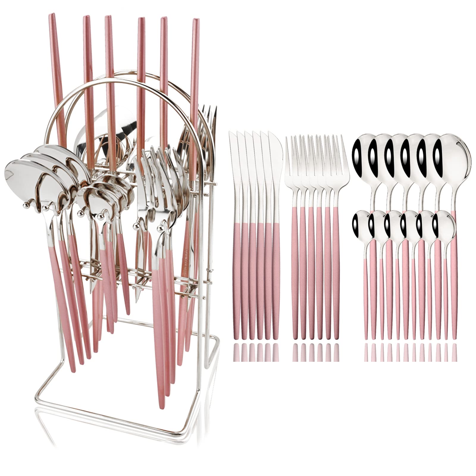 JASHII 24-Piece Stainless Steel Flatware Set - Silver Plated Forks & Spoons with Stand, Mirror Polished Cutlery Set for 6, Elegant Pink & Silver Dining Tableware - Perfect for Dinner Parties, Wedding Gifts & Home Entertaining