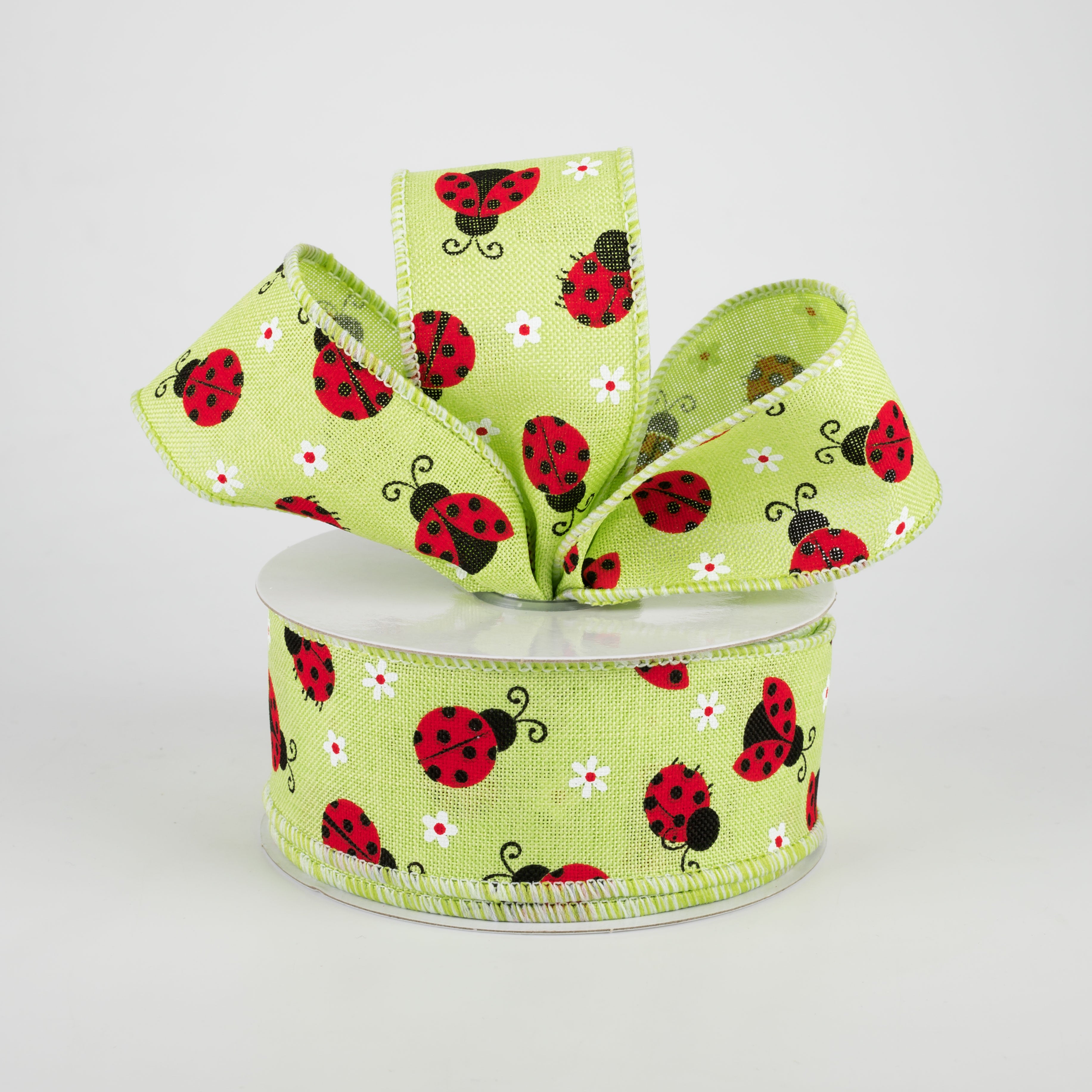 1.5 Inch Mini Ladybugs Ribbon - Bright Green Grosgrain Ribbon (10 Yards) for Gift Wrapping, DIY Crafts, Scrapbooking & Hair Bows