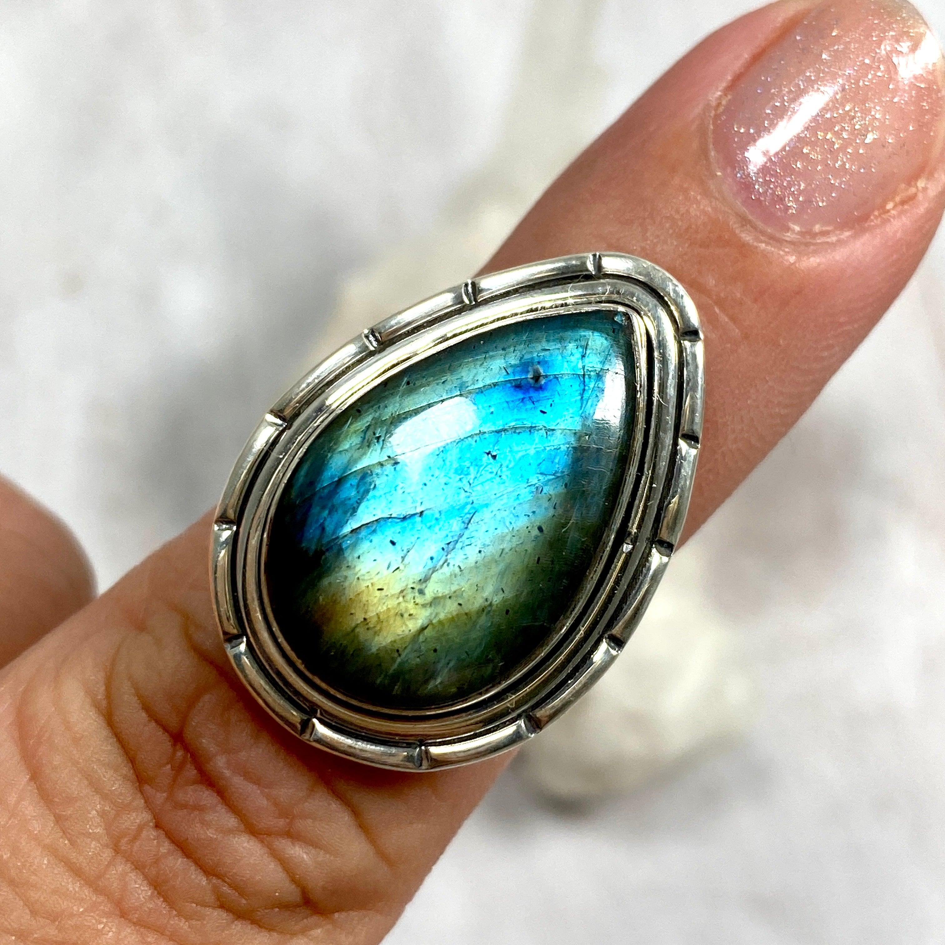 Labradorite Teardrop Filigree Ring - Size 6 - KRGJ2744 - Elegant Handmade Jewelry for Women, Perfect for Weddings, Parties & Special Occasions