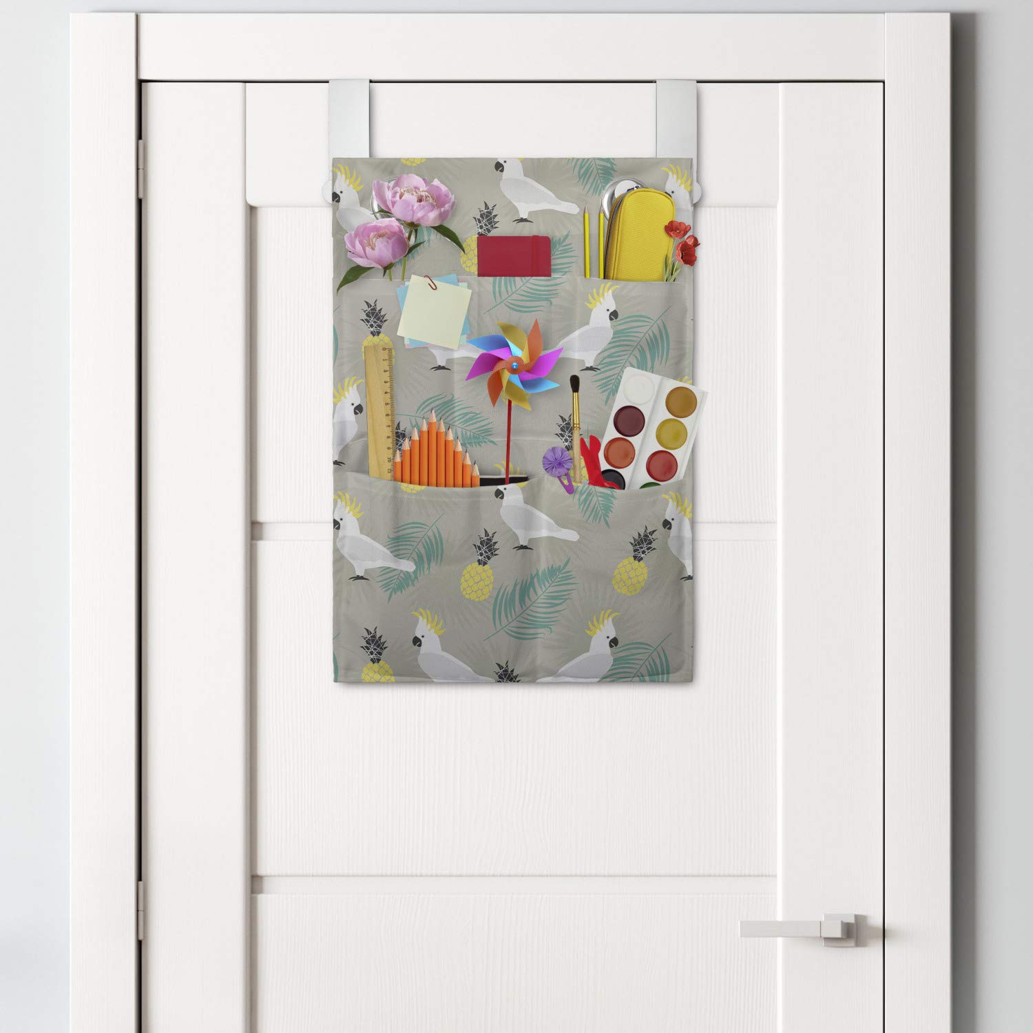 Ambesonne Yellow Bird Hanging Organizer - Tropical Parrot & Pineapple Print - for Bathroom, Nursery, or Closet Storage