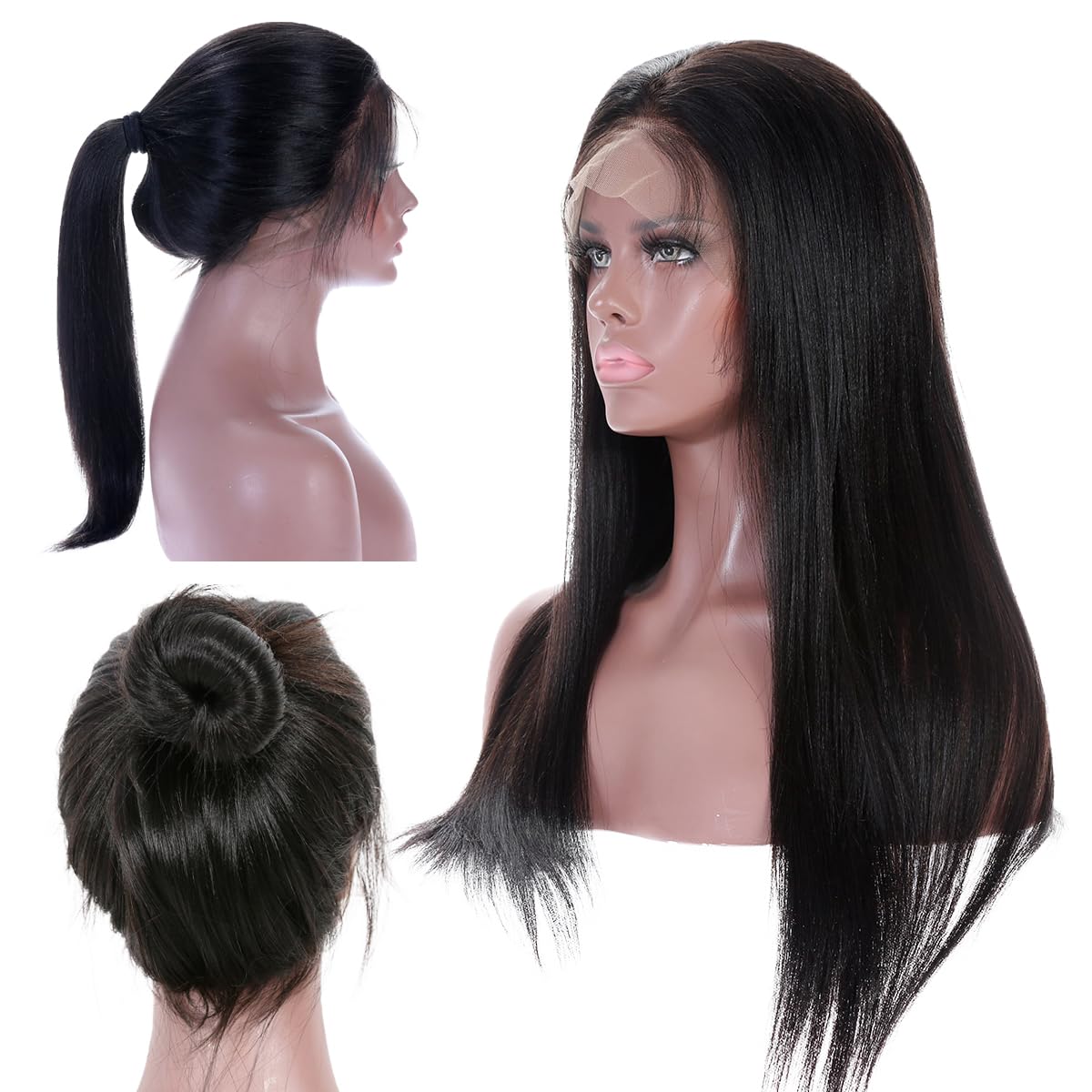 Premier Light Yaki Straight 360 Lace Front Wig - 150% Density Glueless Human Hair Wig with Pre-Plucked Natural Hairline & Baby Hair | 12