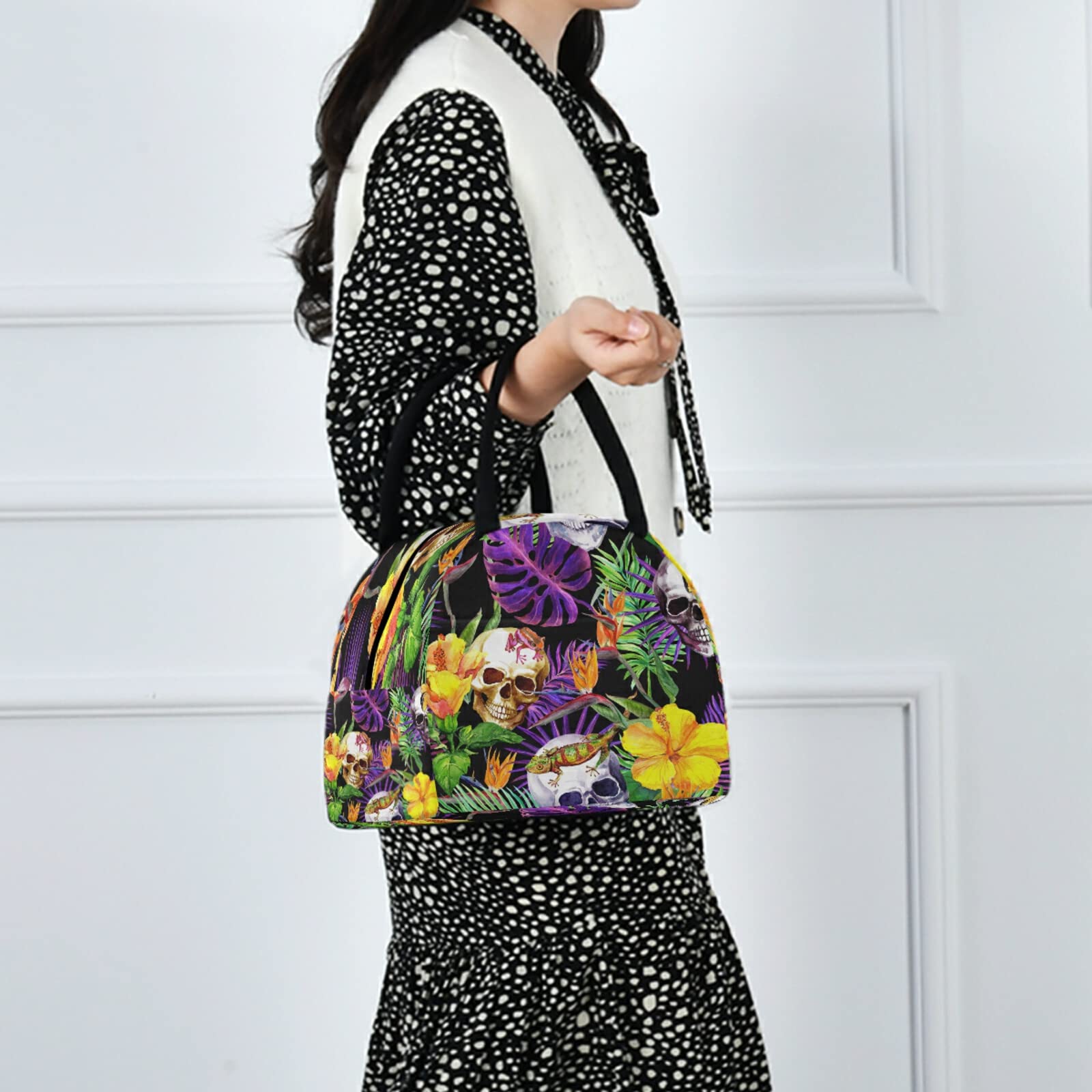 **Insulated Lunch Bag with Sugar Skull & Tropical Flower Design - Leakproof Zippered Lunch Tote for Women & Men - Large Cooler Bag with Front Pocket - Perfect for Work, School, Picnics & Travel**