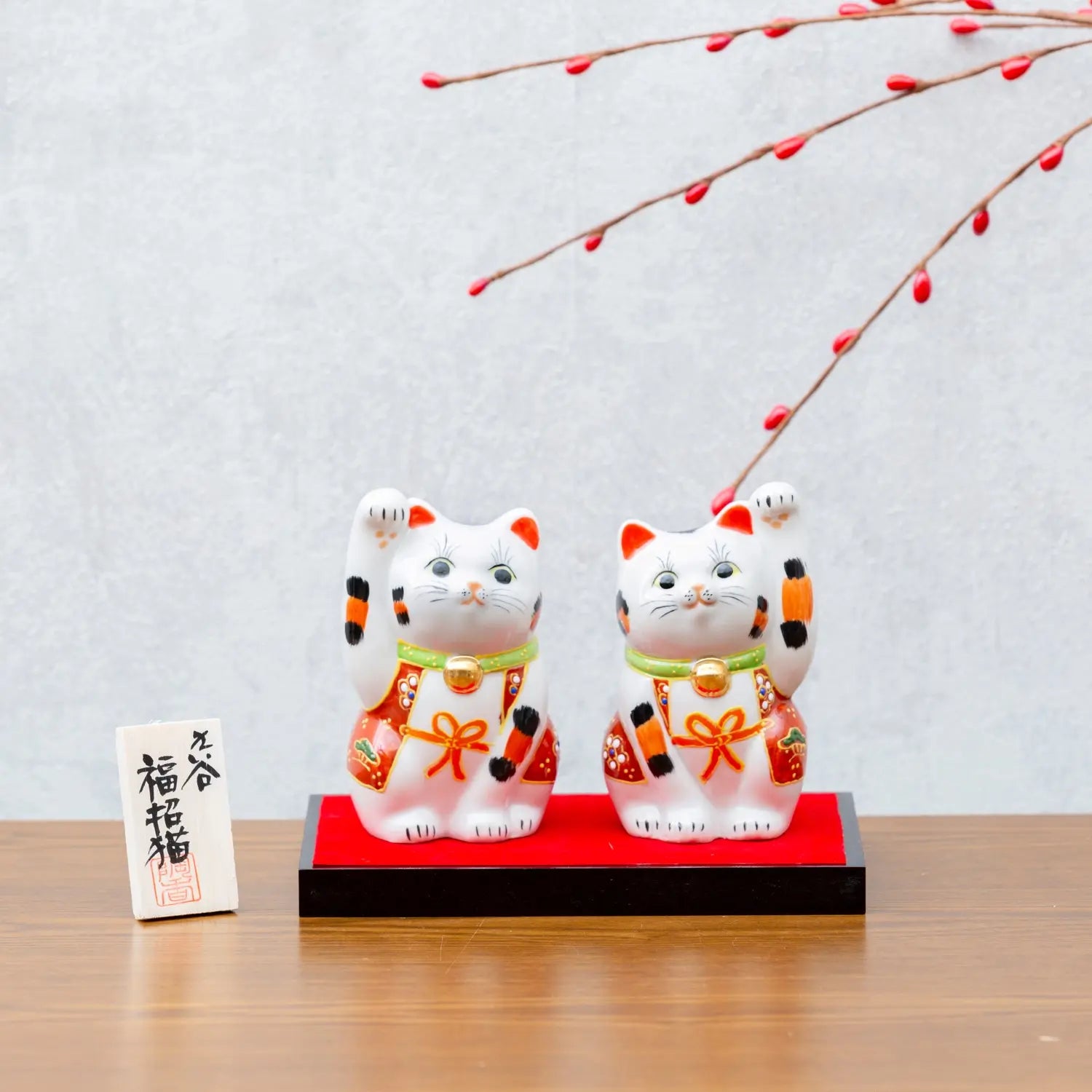 Authentic Kutani Ware Porcelain Maneki Neko Lucky Cat Figurine Set of 2 - 3.5 Inch Japanese Fortune Charm for Home, Office & Gift Giving
