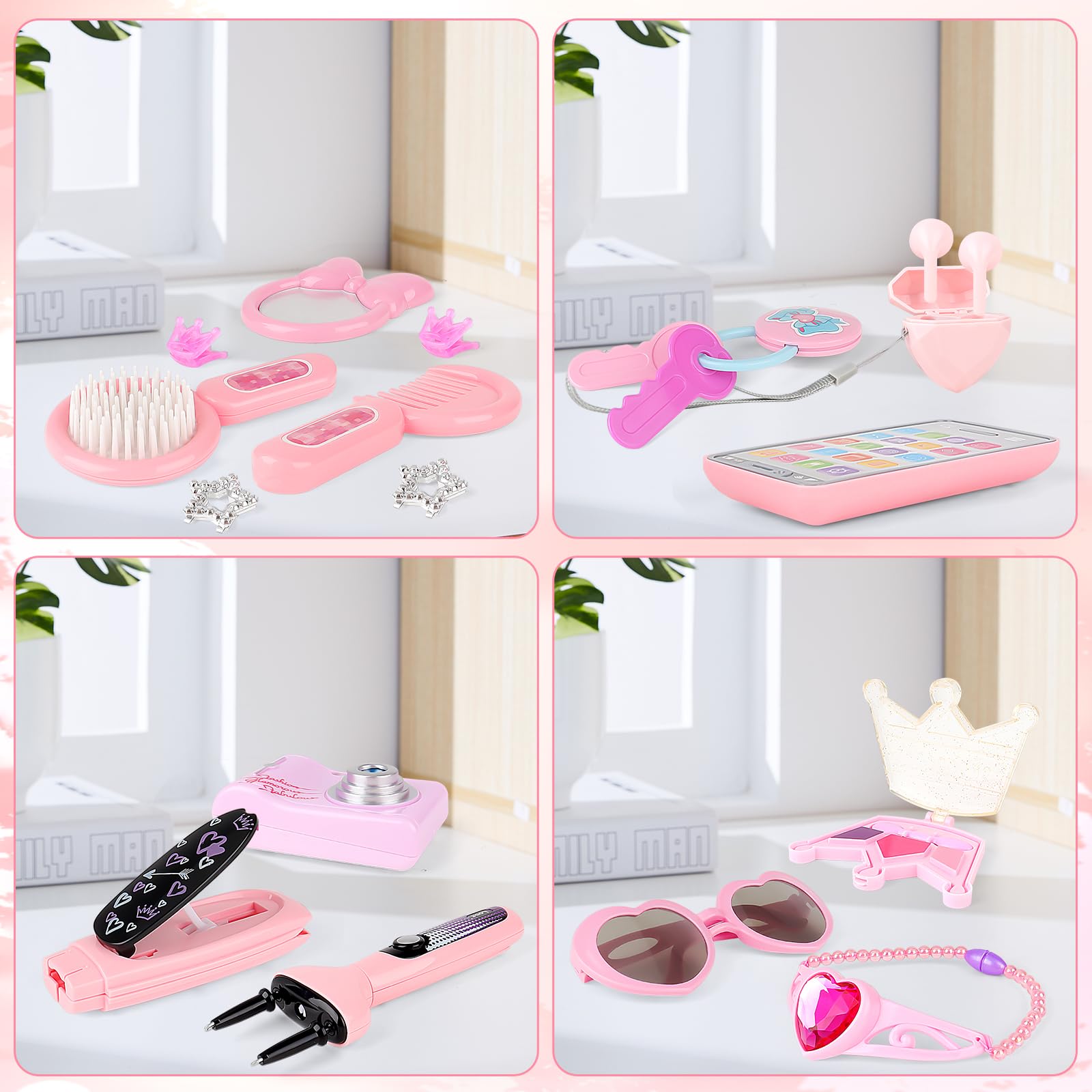 deAO 34PCS Kids Beauty Salon Toy Kit for Girls - Hair Styling Accessories, Handbag, Bluetooth Headset, Camera & Princess Makeup Toys | Pretend Play, Birthday Gift & Role-Playing Fun for Toddlers