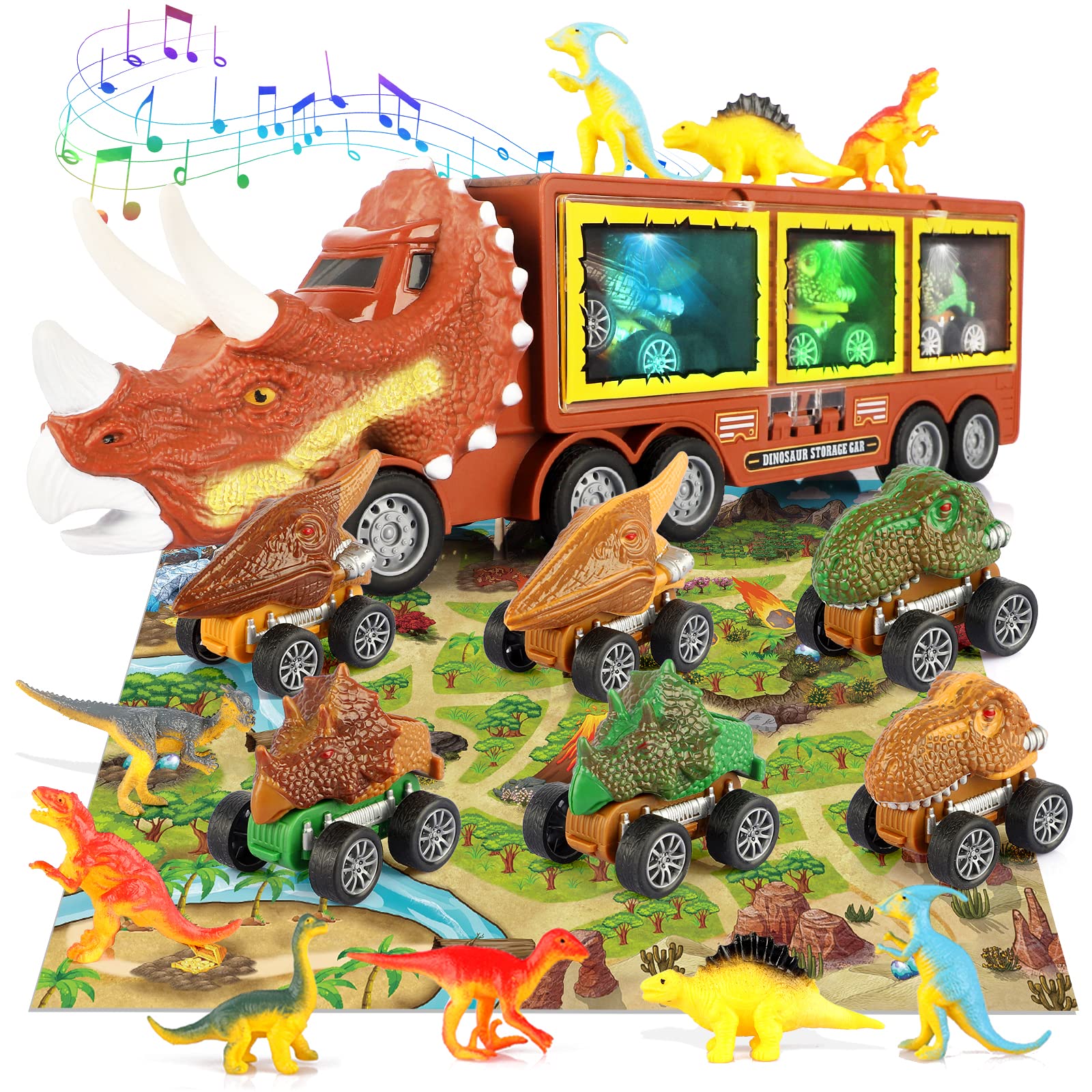 21 Pack Dinosaur Toys for Kids 3-7 | Interactive Dinosaur Truck with Flashing Lights, Music & Roaring Sounds | Includes 6 Pull Back Dinosaur Cars & 6 Dinosaur Figures | Perfect for Birthday Gifts, Party Favors & Educational Play