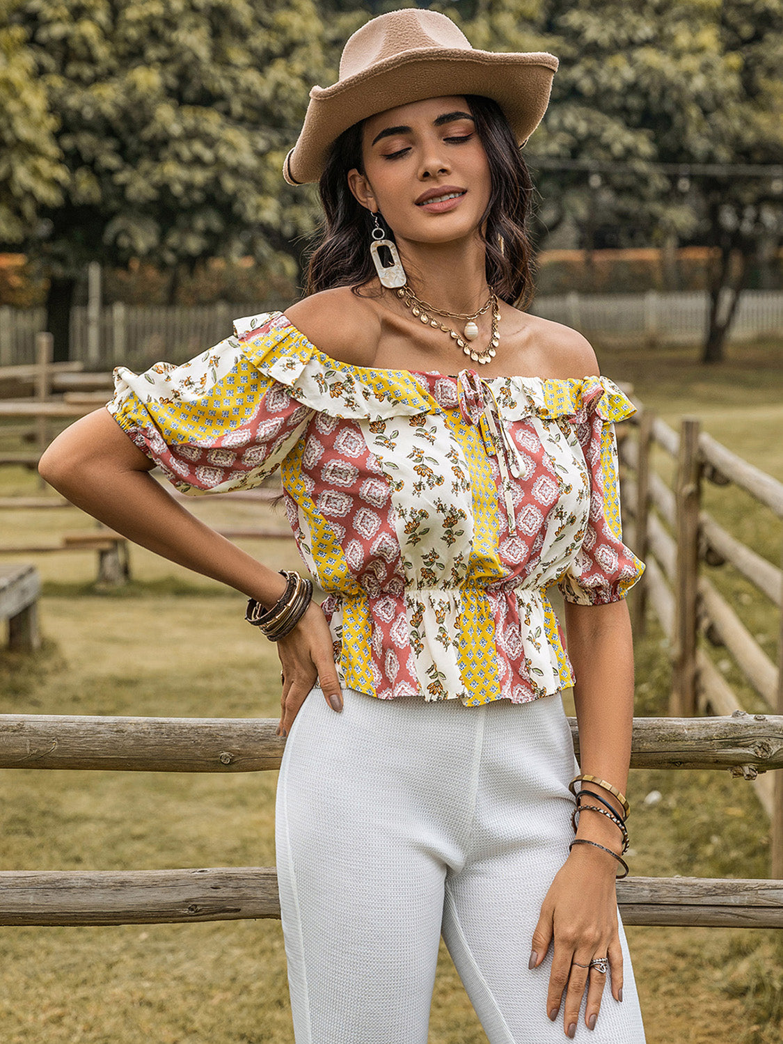 Boho Ruffled Off Shoulder Short Sleeve Blouse for Women - Perfect for Summer Beach Vacations, Music Festivals & Casual Outings