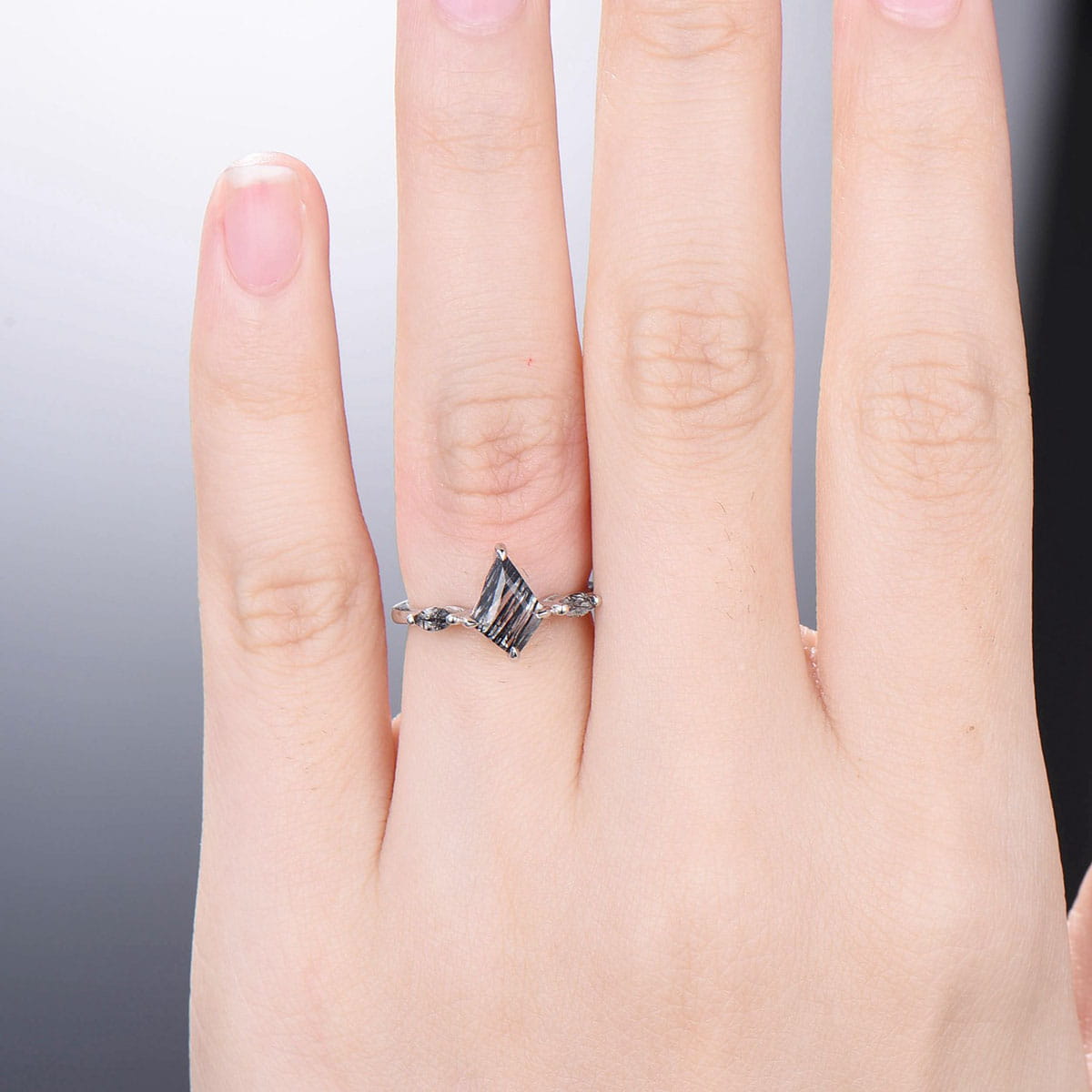 Elegant Kite Cut Black Rutilated Quartz Ring with Marquise Cut Black Tourmaline - Minimalist 3 Stone Engagement Ring, Dainty Wedding Band, Anniversary Gift for Her - Perfect for Proposals, Weddings & Special Occasions
