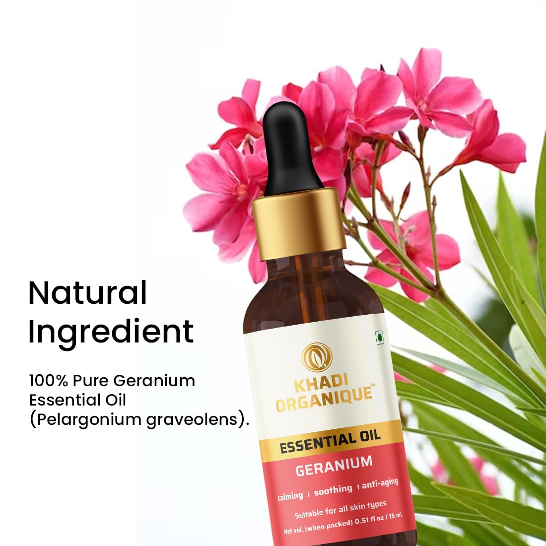 Khadi Organique Geranium Essential Oil 15ml - Pure Aromatherapy Oil for Relaxation, Skin Care & Massage | Perfect for Diffusers, Bath & DIY Beauty Products