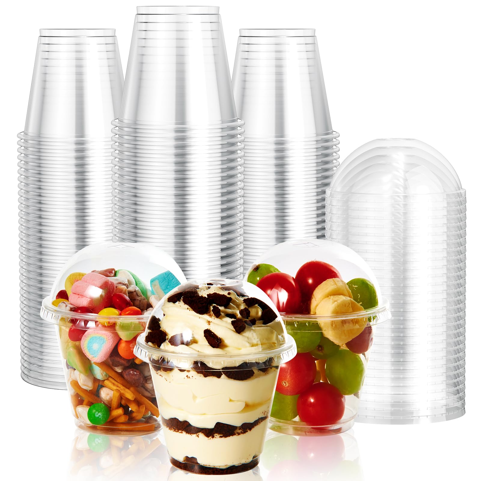 Vplus 200 Pack 9 OZ PET Plastic Cups with Dome Lids - Crystal Clear Disposable Cups for Parfait, Yogurt, Desserts, Snacks, Jelly & Fruit - Perfect for Parties, Catering, Cafes & Home Use
