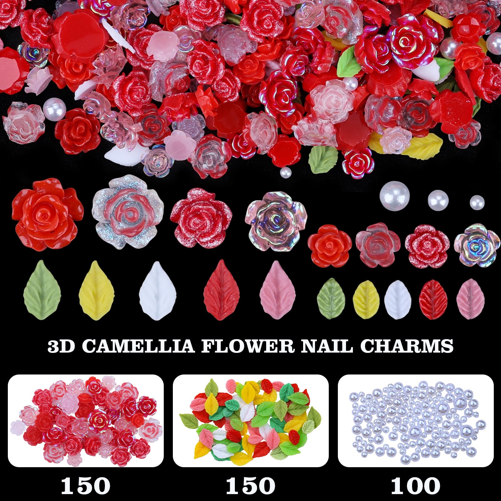 400Pcs 3D Camellia Flower Nail Charms - Pink Rose Floral Nail Gems with White Pearls for Acrylic Nails | DIY Nail Art Accessories for Women | Perfect for Bridal, Party & Salon Nail Designs (Red)
