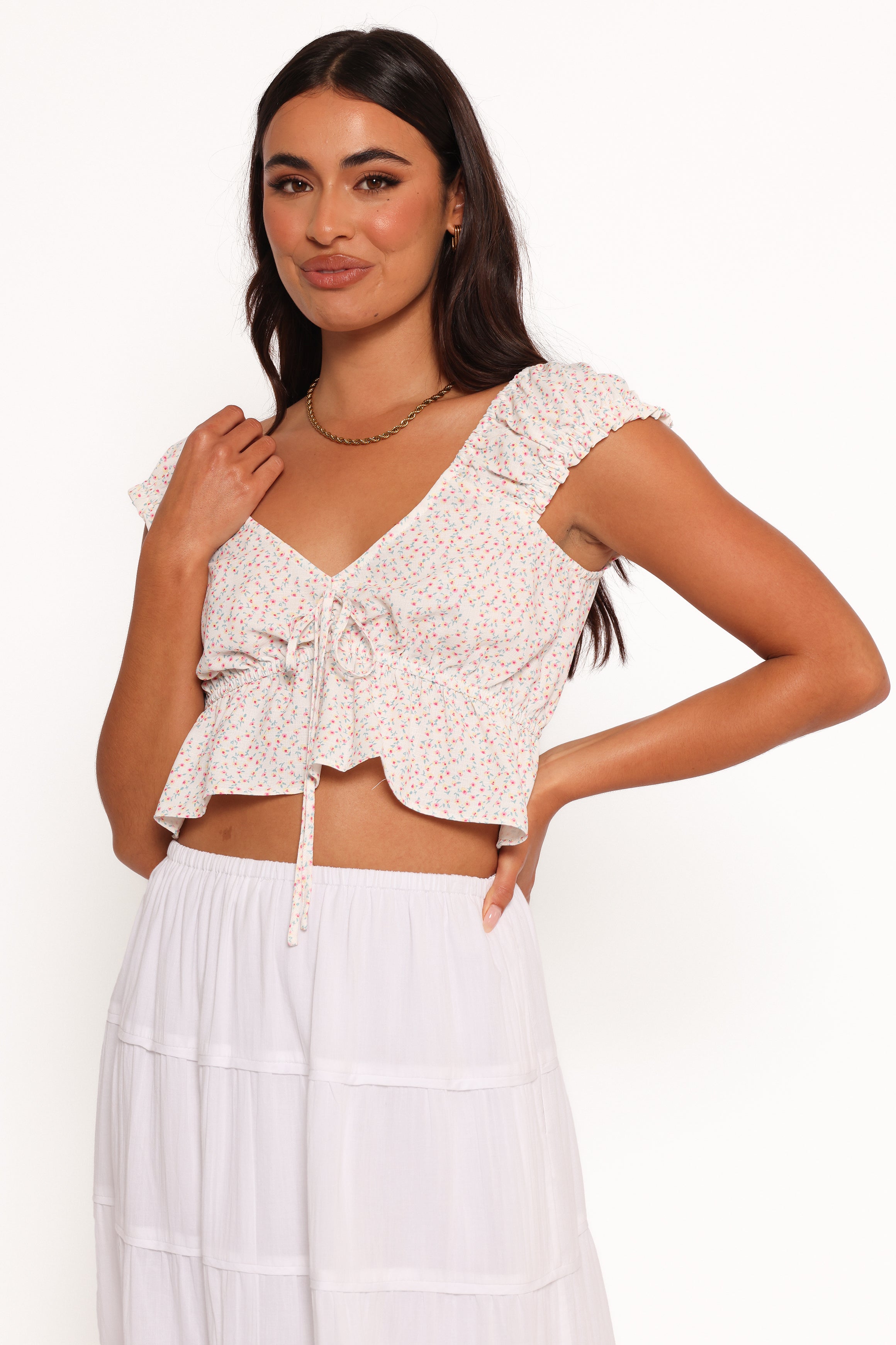 Frankie Top - White Ditsy Floral Print Women's Blouse | Casual & Party Wear | Perfect for Dates, Office & Summer Outfits