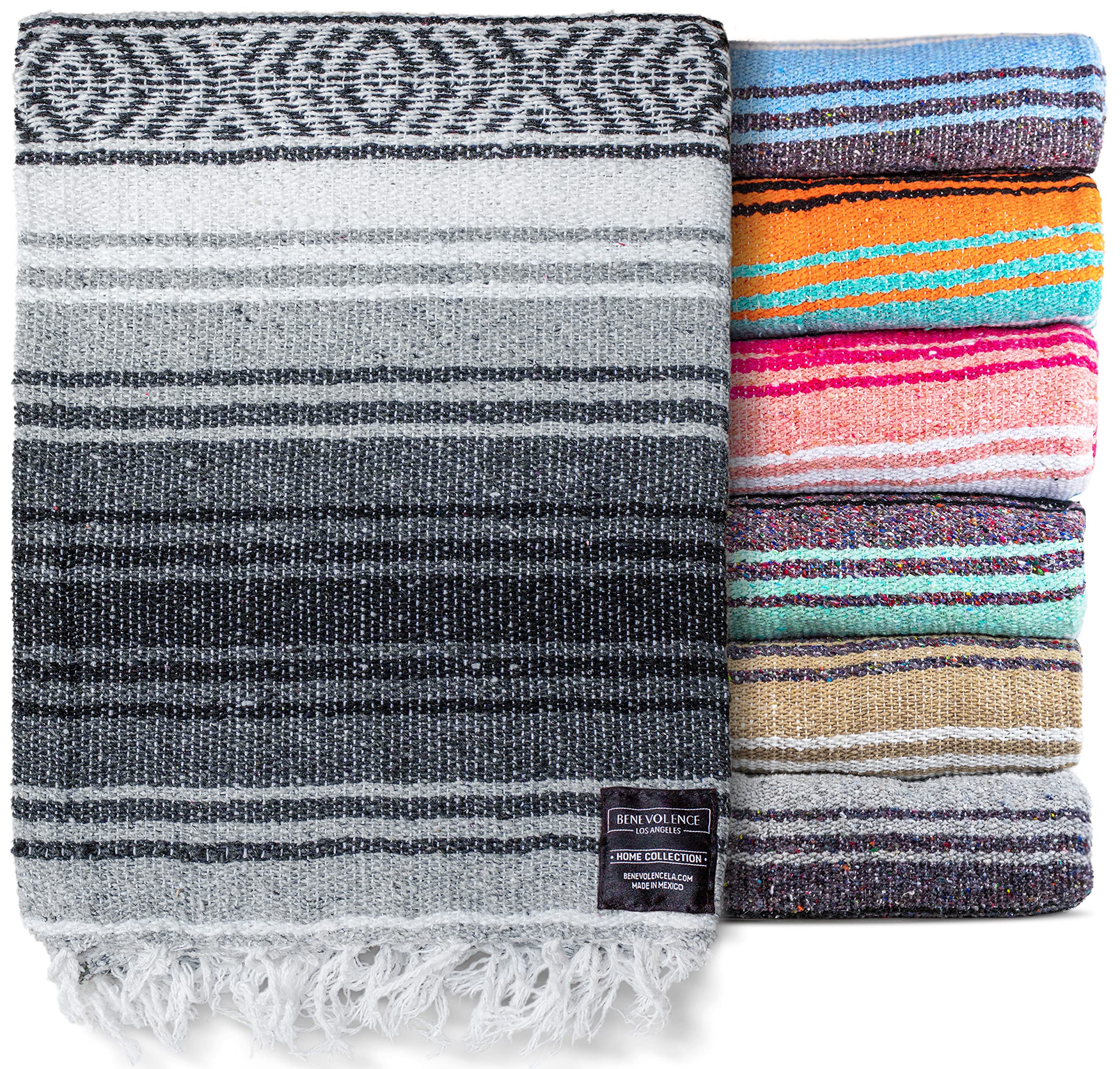 Authentic Mexican Blanket - Handwoven Yoga Blanket & Serape Throw (50x70 Inches, Gray) - Perfect for Outdoor Picnics, Beach Camping, Boho Home Decor & Cozy Living Room Accent
