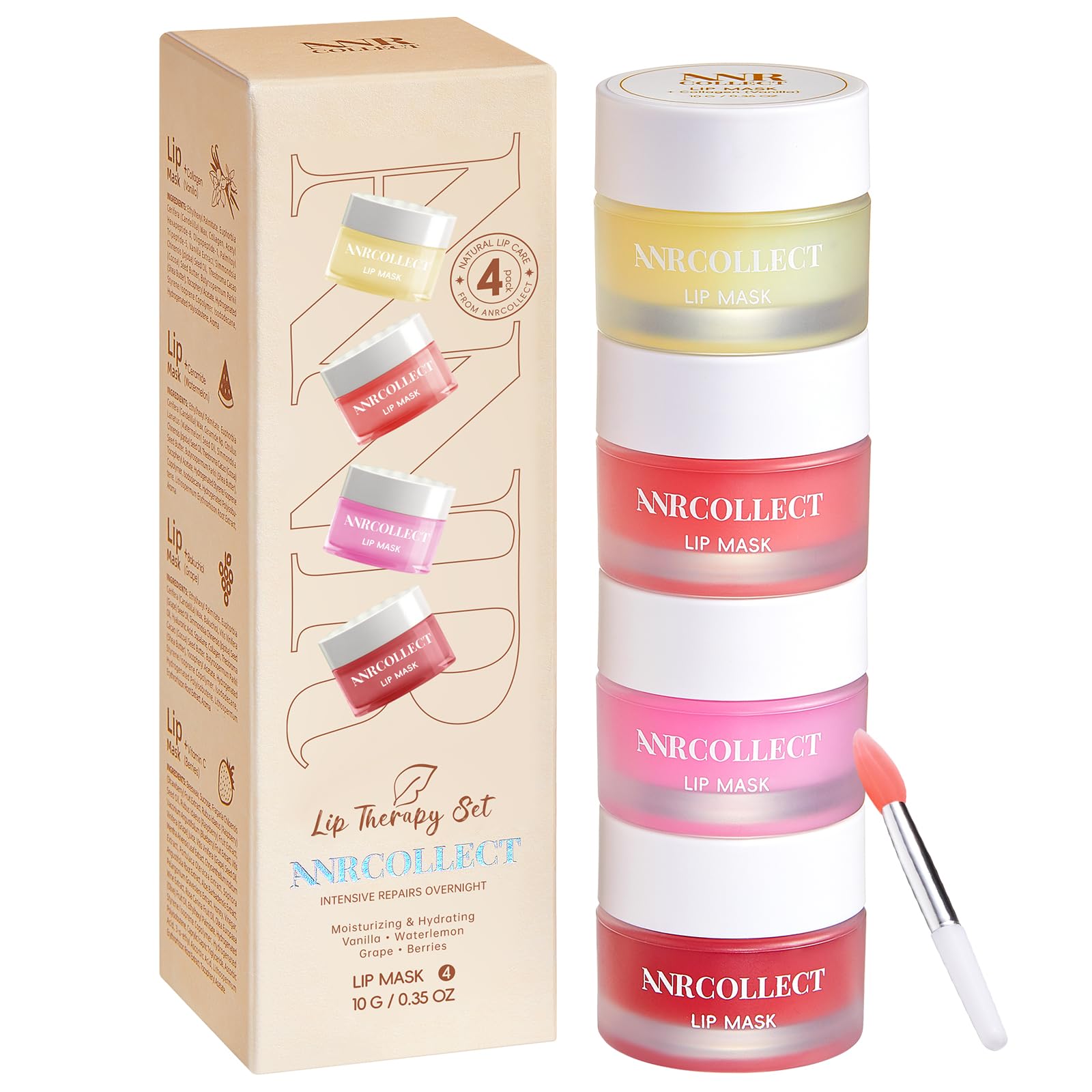 Overnight Lip Mask & Moisturizer with Collagen & Shea Butter - 4 Pack Intensive Treatment for Dry, Chapped, Dark Lips | Hydrating Lip Care Gift Set | Perfect for Nighttime Use & Daily Lip Nourishment