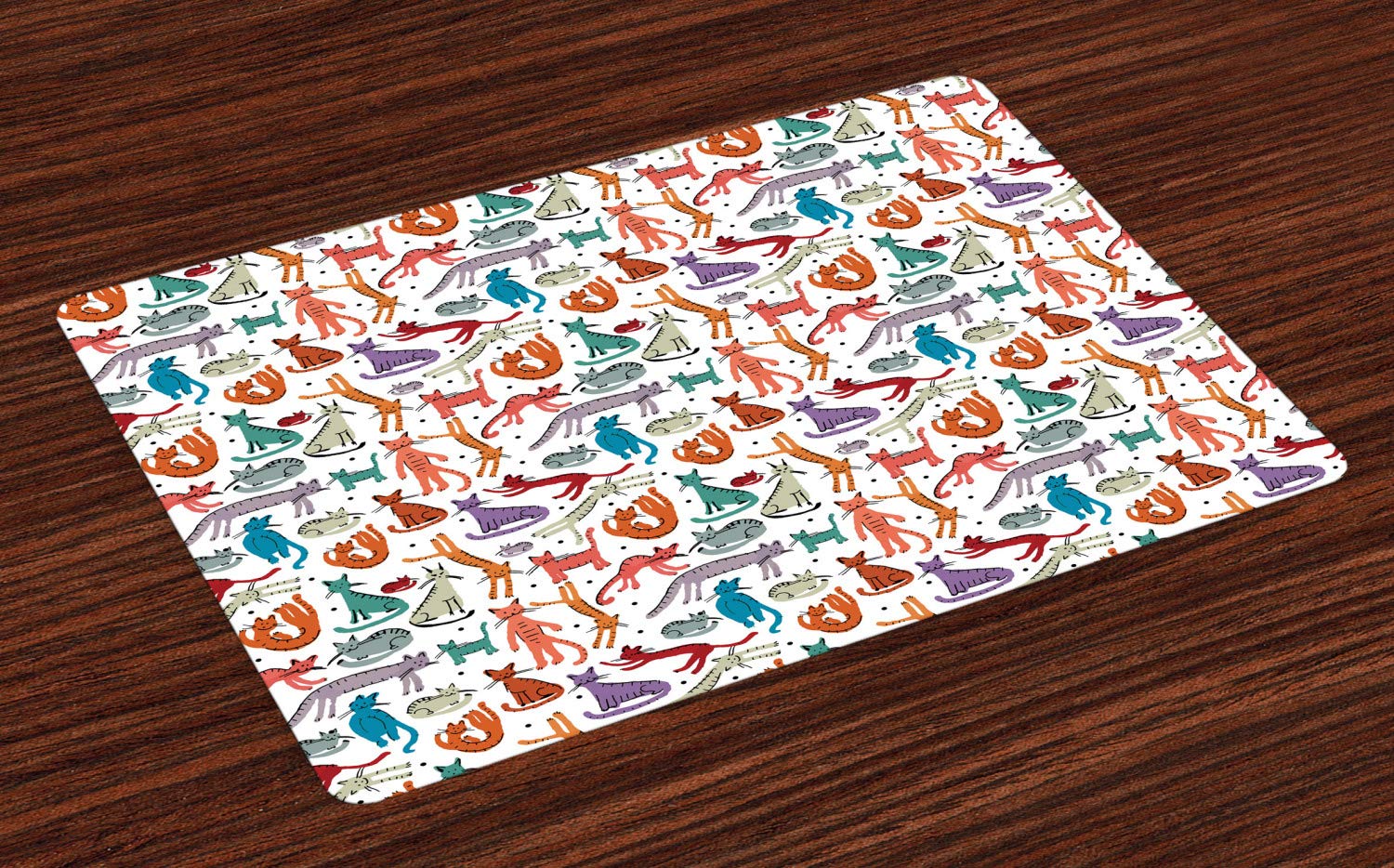 Ambesonne 4-Piece Cat Placemats Set - Pastel Kitten Sketch Art in Playful Poses, Washable Fabric Dining Table Mats, Standard Size, Multicolor - Perfect for Kitchen, Dining Room, and Cat-Themed Parties