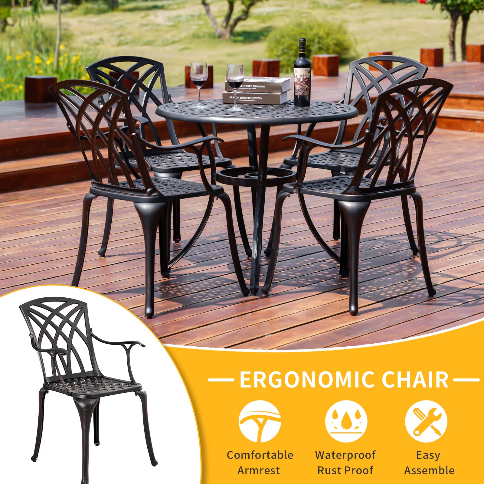 2-Pack Cast Iron Patio Dining Chairs with Armrests - All-Weather Outdoor Bistro Chairs for Balcony, Backyard, Garden - Rust-Resistant Brown Metal Outdoor Seating (Perfect for Outdoor Dining, Lounging & Entertaining)