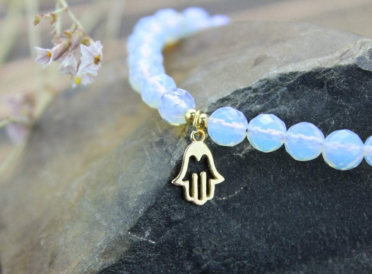 Natural Faceted Moonstone Hamsa Mala Bracelet - Yoga Meditation Prayer Beads for Women - Spiritual Healing & Positive Energy Jewelry