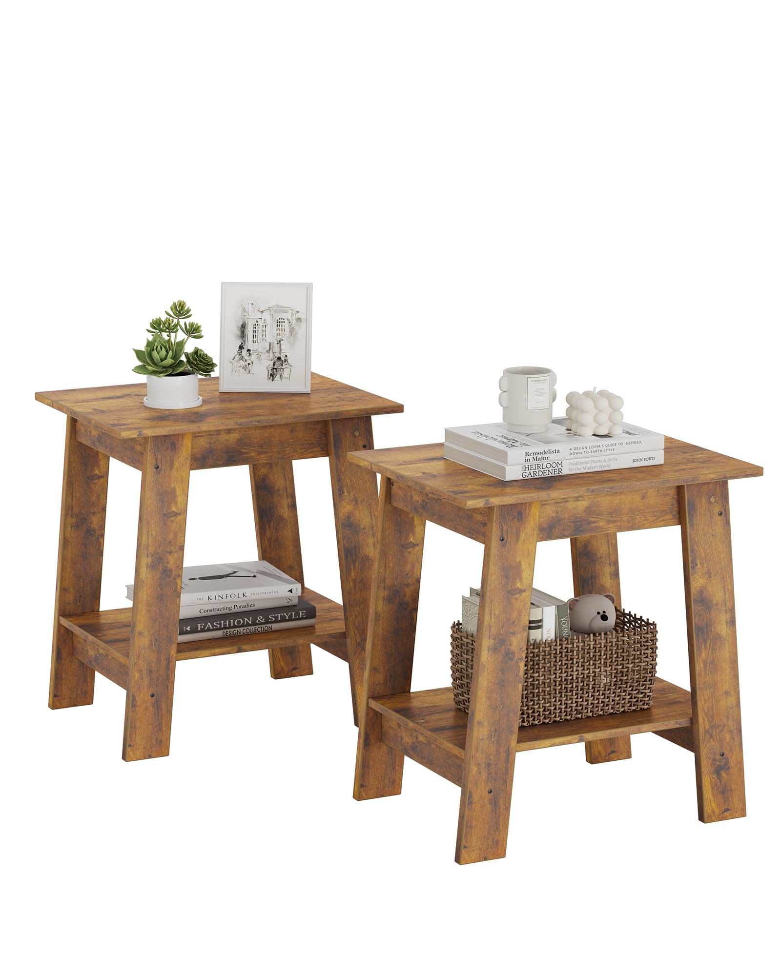 2-Tier Wood End Table Set of 2 - Small Side Table & Nightstand with Storage Shelf for Bedroom, Living Room, Farmhouse Decor - White & Brown Narrow Space-Saving Tables for Entryway, Apartment, Dorm