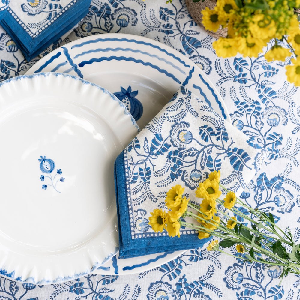 Gardenia Vine Azure Napkin Set of 4 - Premium Cotton Table Napkins for Dinner Parties, Weddings & Home Decor - Elegant Blue Floral Design for Formal Dining & Special Occasions