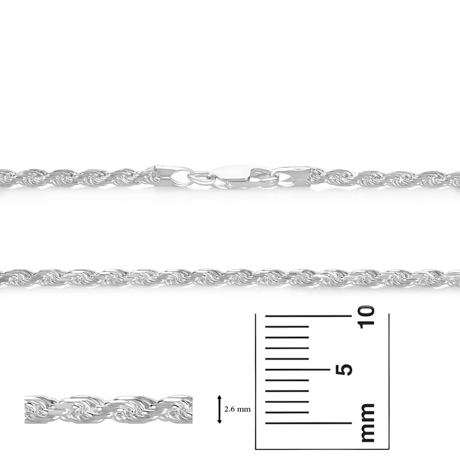 2.6mm .925 Sterling Silver Diamond-Cut Twisted Rope Chain Necklace for Women - Durable & Hypoallergenic Jewelry Gift for Birthday, Anniversary & Valentine's Day