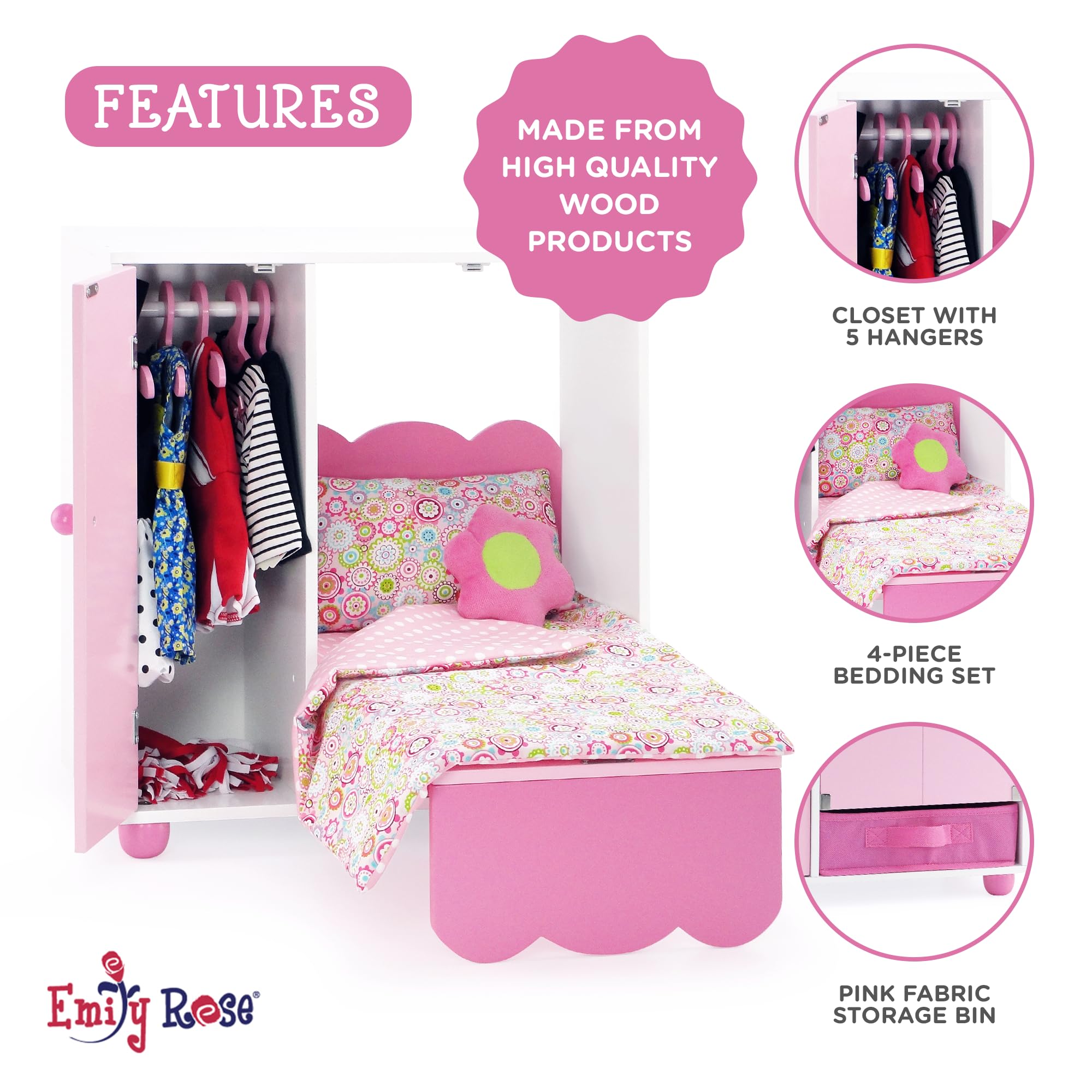 Emily Rose 18 Inch Doll Murphy Bed Furniture Closet Set - Space Saving Kids Storage with 5 Hangers & Clothes Accessories Bin | Mom's Choice Award Winner | Perfect for Doll Play, Bedroom Organization & Pretend Play Scenarios