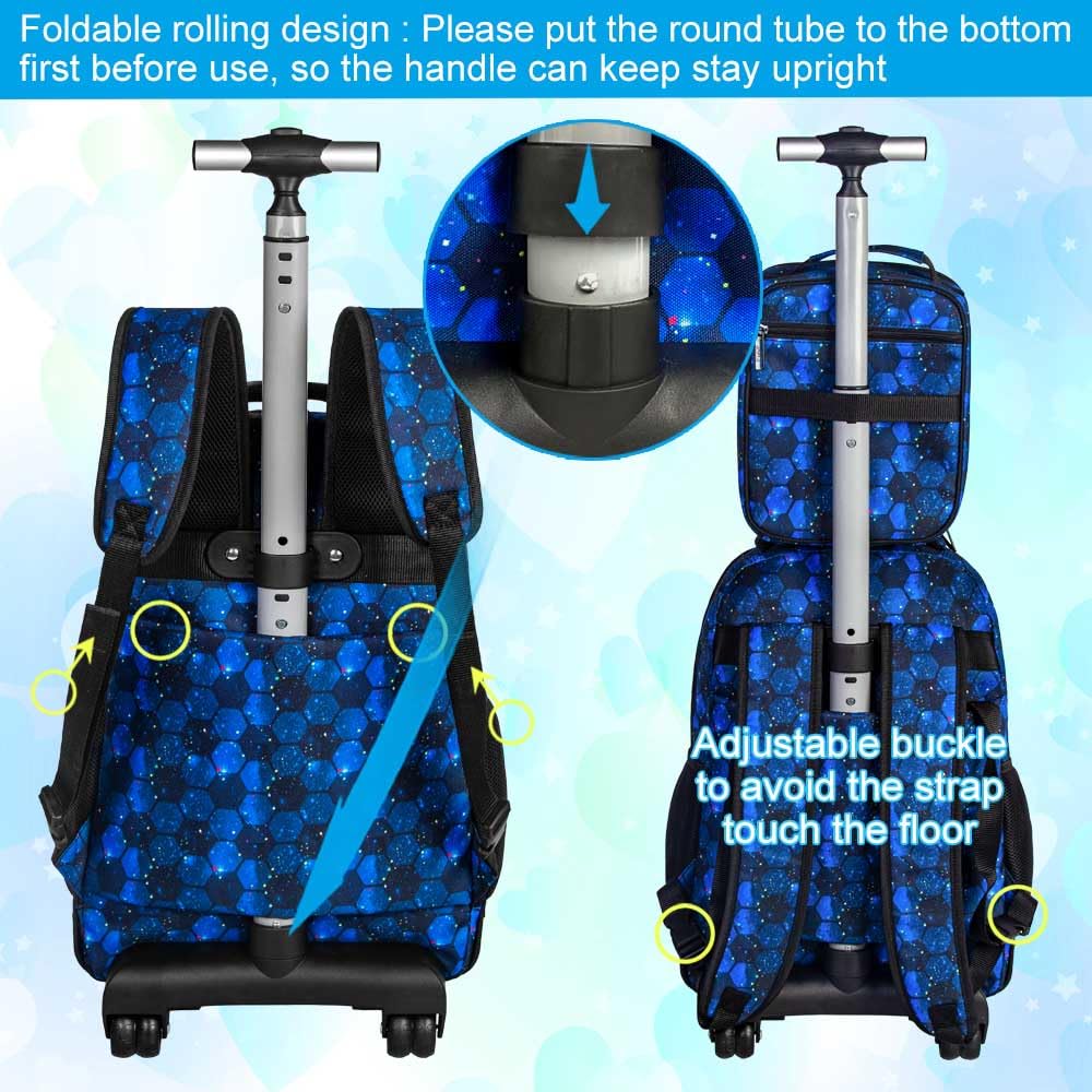 CCJPX 3PCS Rolling Backpack for Boys - 21 Inch Water Resistant Wheeled Soccer Backpack with Roller Wheels, Durable Football Bookbag for Teens & Elementary School Students - Perfect for Travel, Sports & Daily Use - Blue