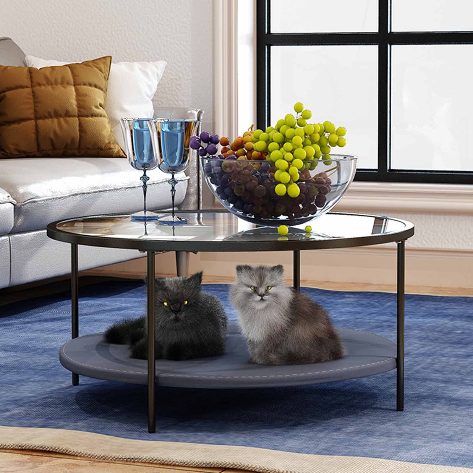 Laufee Round Coffee Table with Tempered Glass Top - Multifunctional Pet-Friendly Design for Cats & Dogs, Easy Assembly Minimalist Metal Tea Table - Perfect for Living Room, Bedroom & Pet Kennel