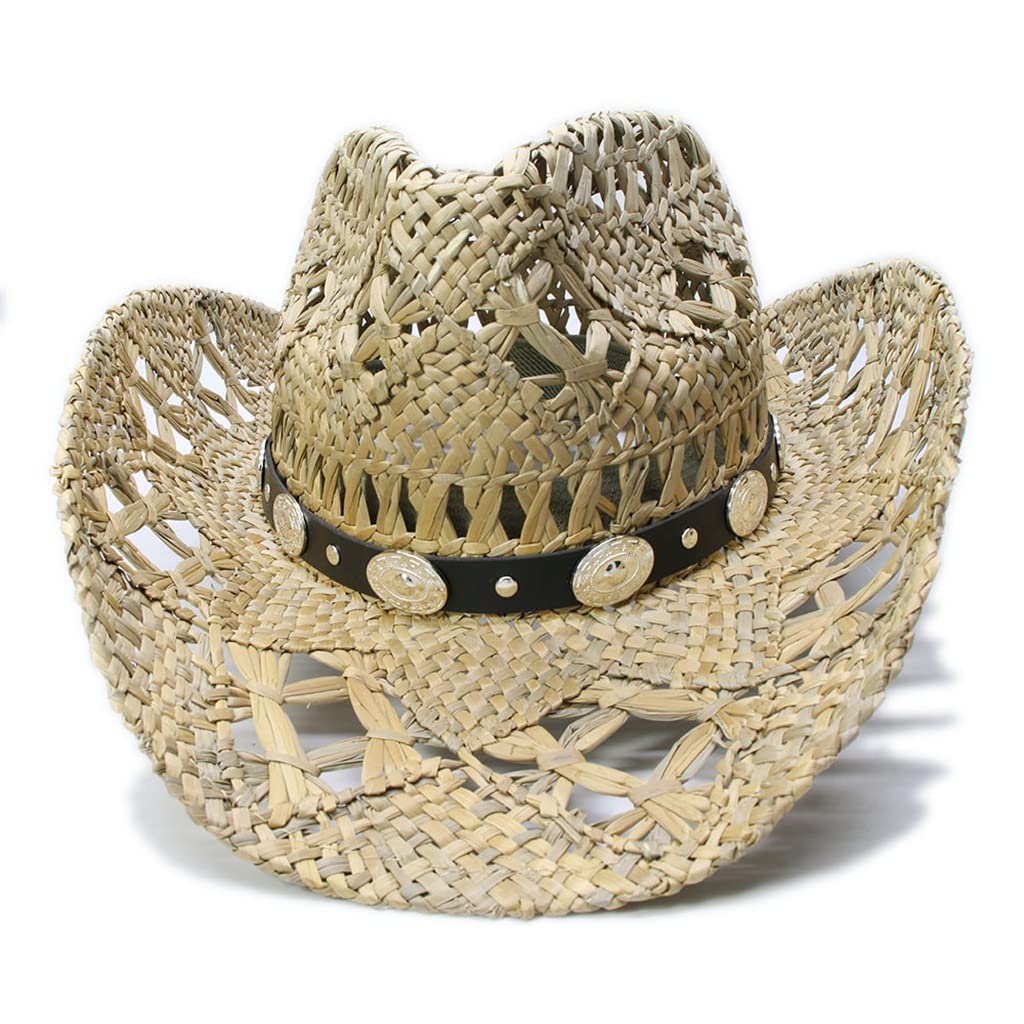 Vintage Wide Brim Straw Sun Hat for Men & Women - Western Cowboy Beach Hat with UPF Protection - 58cm Breezy Summer Outdoor Hat for Beach, Music Festivals and Garden Parties (Color A)