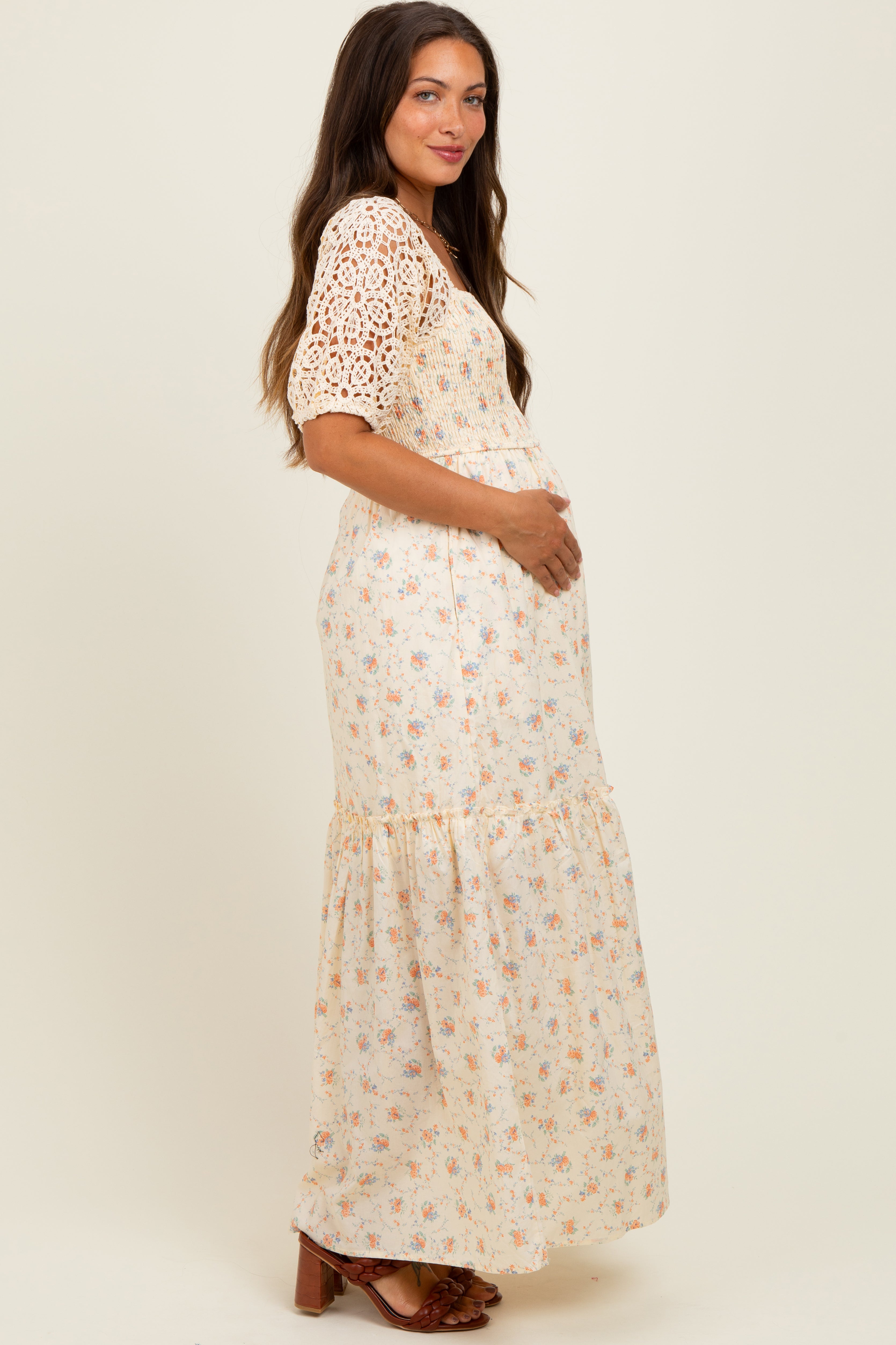 Beige Floral Print Smocked Crochet Tiered Maternity Maxi Dress for Pregnancy - Comfortable Summer Nursing Dress for Beach, Vacation & Photoshoots