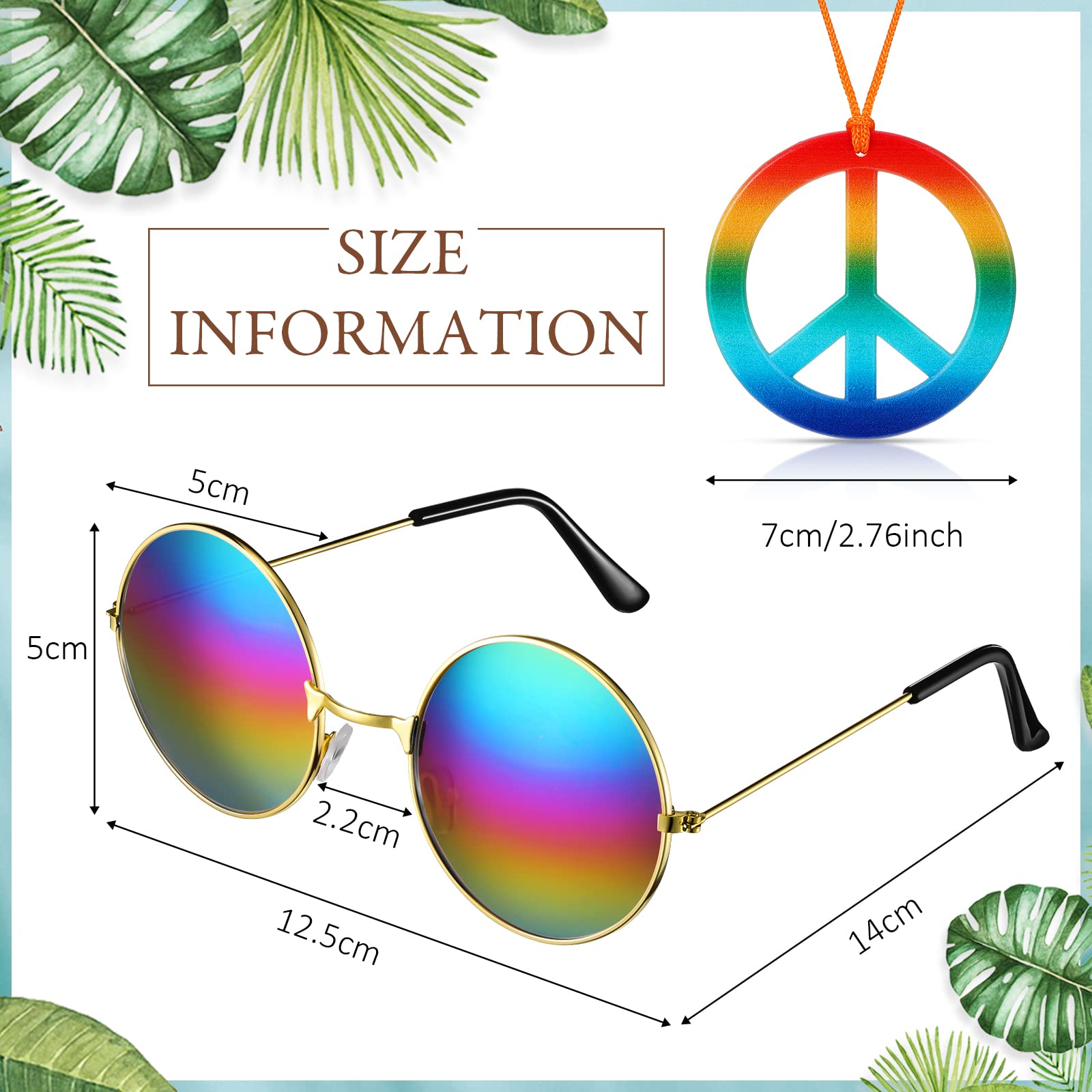 60s Retro Hippie Costume Accessories Set - 4 Piece Hippie Glasses, Peace Sign Pendant Necklace for Men & Women - Perfect for Halloween, Theme Parties, and 60s Inspired Outfits