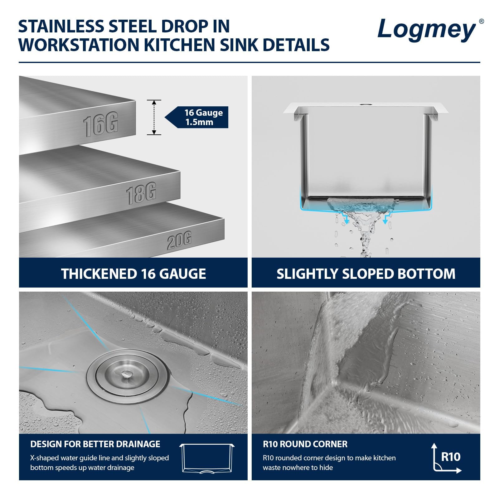 Logmey 15 Inch Drop-In Bar Sink - 15x15 Inch Stainless Steel Kitchen Prep Sink, 16 Gauge Single Bowl Topmount Workstation Sink with Round Corners for Small RV, Bar & Kitchen Use - Perfect for Food Prep, Beverage Station & Compact Spaces
