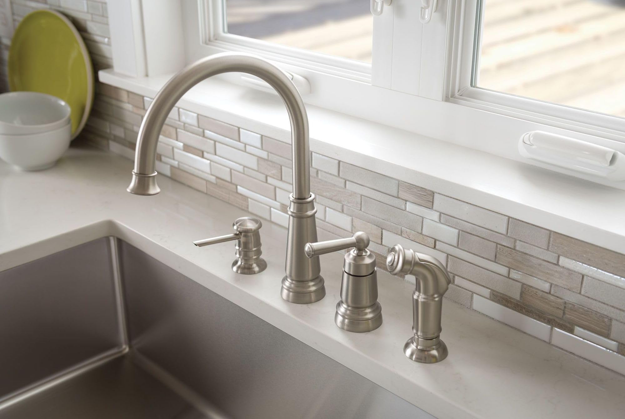 Moen 87042SRS Spot Resist Stainless Steel One-Handle High Arc Kitchen Faucet with Side Sprayer & Soap Dispenser - 4 Hole Installation for Modern Kitchens | Perfect for Cooking, Washing Dishes & Food Prep