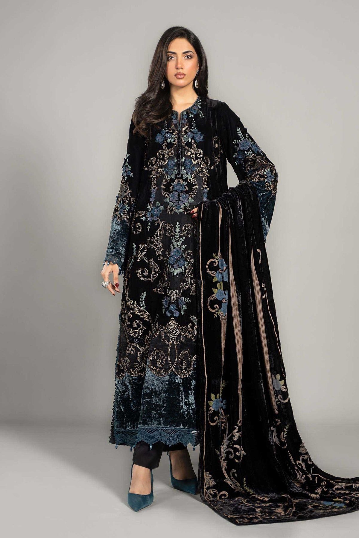 Maria B Winter Luxe Stitched Embroidered Dress - Elegant Party Wear for Women | Perfect for Holiday Gatherings, Weddings & Special Occasions