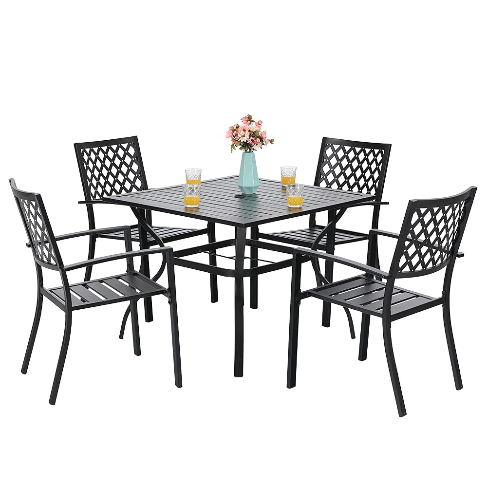 PHI VILLA 5-Piece Outdoor Dining Set - 37 Inch Square Metal Bistro Table with 4 Arm Chairs & 1.57