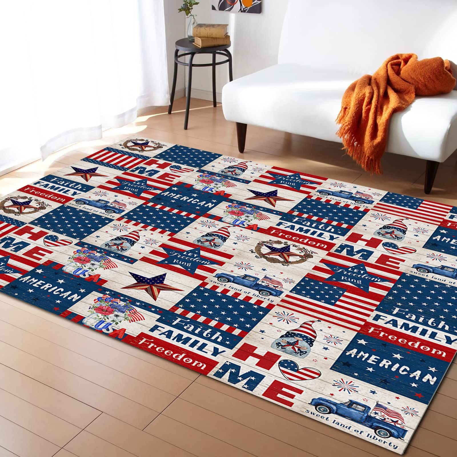 4th of July Patriotic Red and Blue Patchwork Print Non-Slip Indoor Area Rug - Low Pile Runner Carpet for Entryway, Living Room, Foyer, Kitchen & Bedroom - Perfect for American Holiday Decor & Home Staging (32x60 Inches)