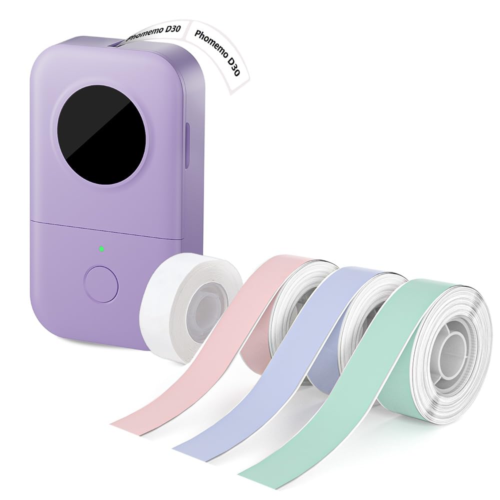 **Purple D30 Bluetooth Label Maker Machine with 4 Color Tapes (Black on Pink, Blue, Yellow, White) - Portable Handheld Sticker Printer, Rechargeable & Inkless, BPA-Free - Ideal for Home, Office & School Organization**