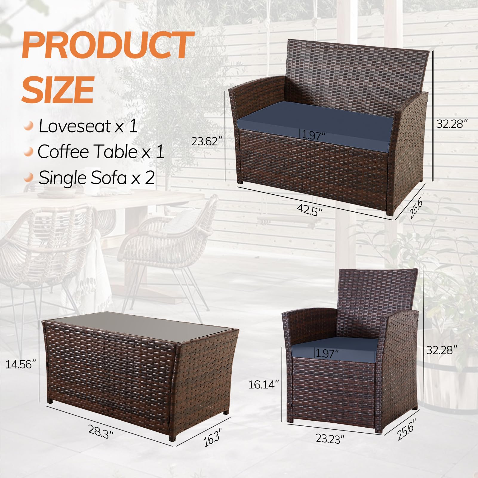 4-Piece Outdoor Patio Furniture Set - Wicker Rattan Sectional Sofa with Coffee Table & Cushions - Gray/Blue Conversation Set for Backyard, Porch, Garden, Poolside - Perfect for Relaxing & Entertaining Outdoors
