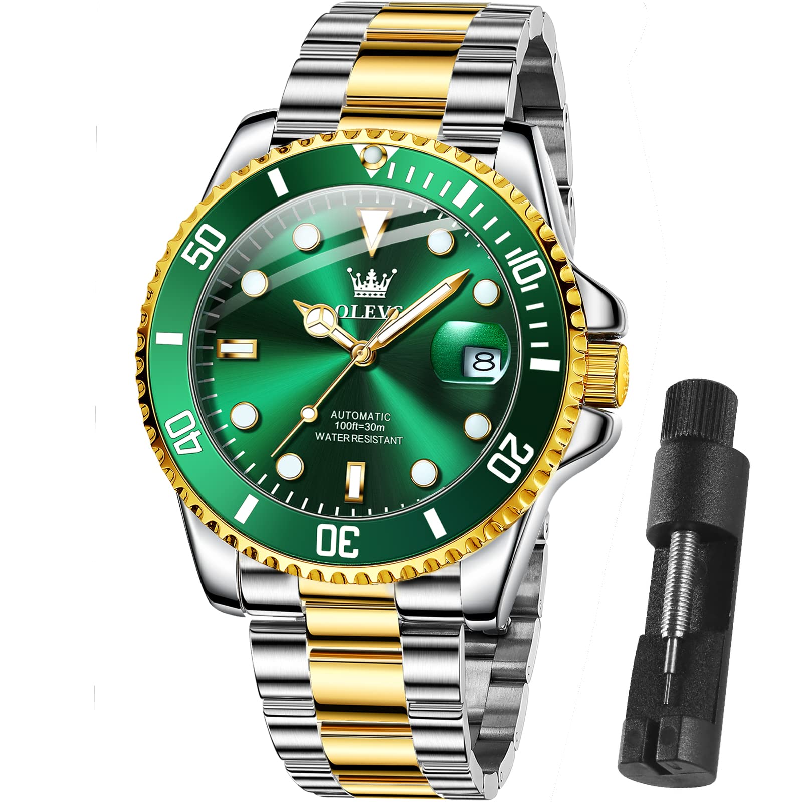 OLEVS Men's Pro Diver Automatic Mechanical Watch - Two-Tone Stainless Steel Strap, Waterproof Luxury Watch for Men | Perfect for Diving, Business & Formal Occasions