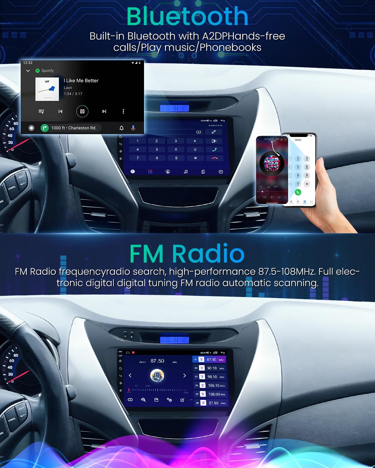 2011-2013 Hyundai Elantra Car Radio with Wireless Android Auto & Apple CarPlay - 9
