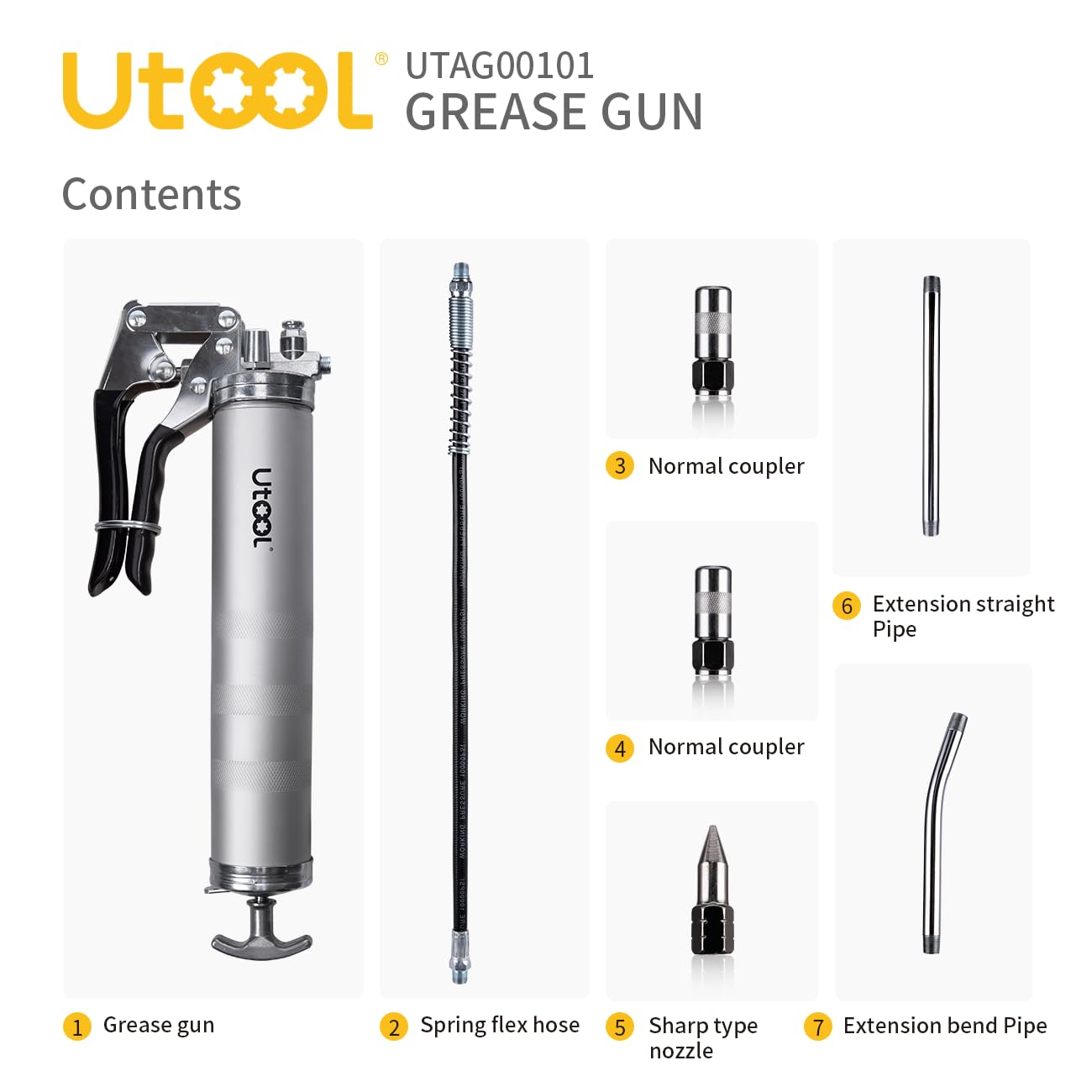 UTOOL 8000 PSI Heavy Duty Pistol Grip Grease Gun Kit - 14 oz Capacity with 18 Inch Resin Flex Hose, 2 Couplers, 2 Extension Pipes & Nozzle - Perfect for Automotive, Industrial & Farm Equipment Maintenance
