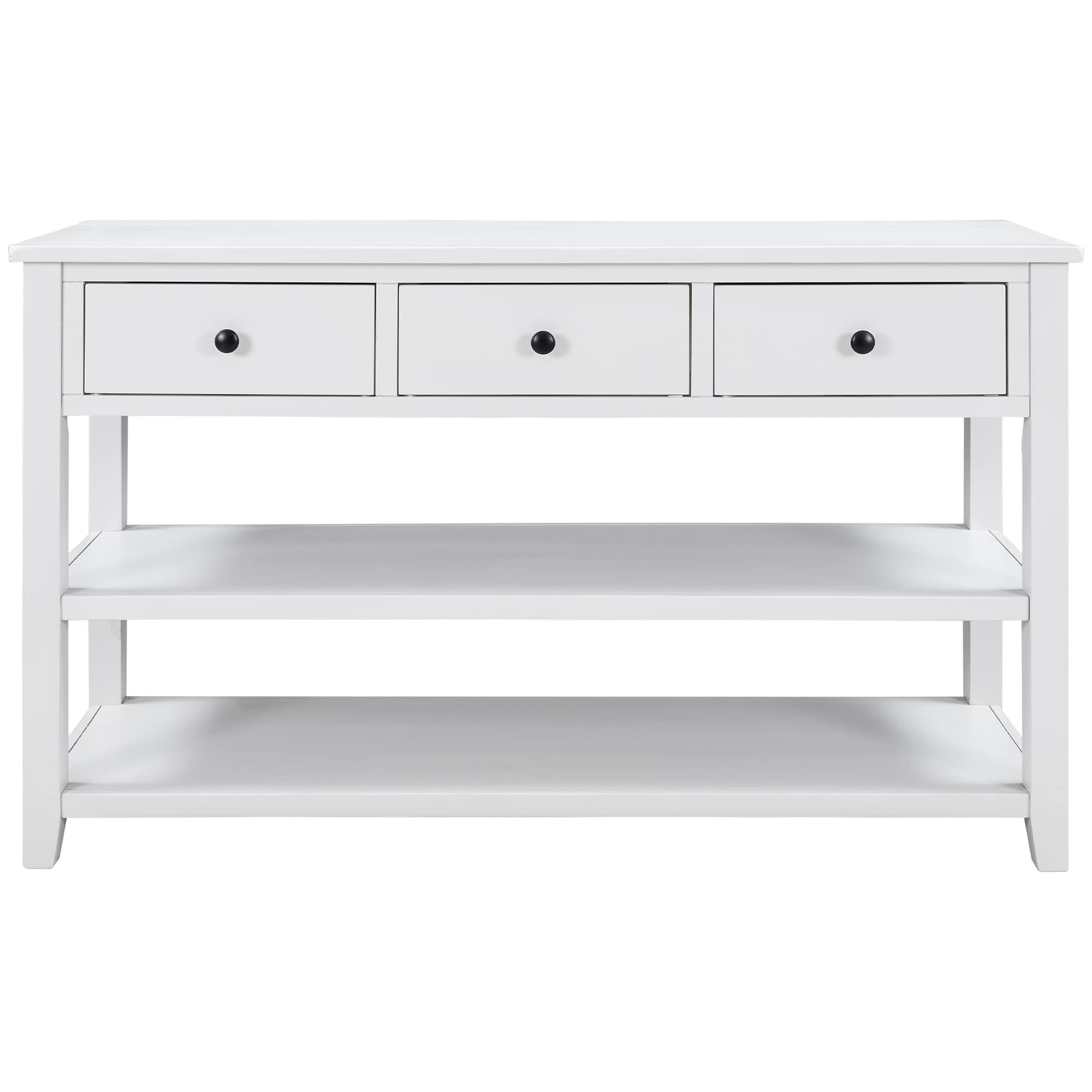 Farmhouse Console Table with 3 Drawers & 2 Open Shelves - Entryway Sofa Table for Hallway & Living Room - Antique White Finish - Perfect for Home Decor, Small Space Storage & Entry Organization