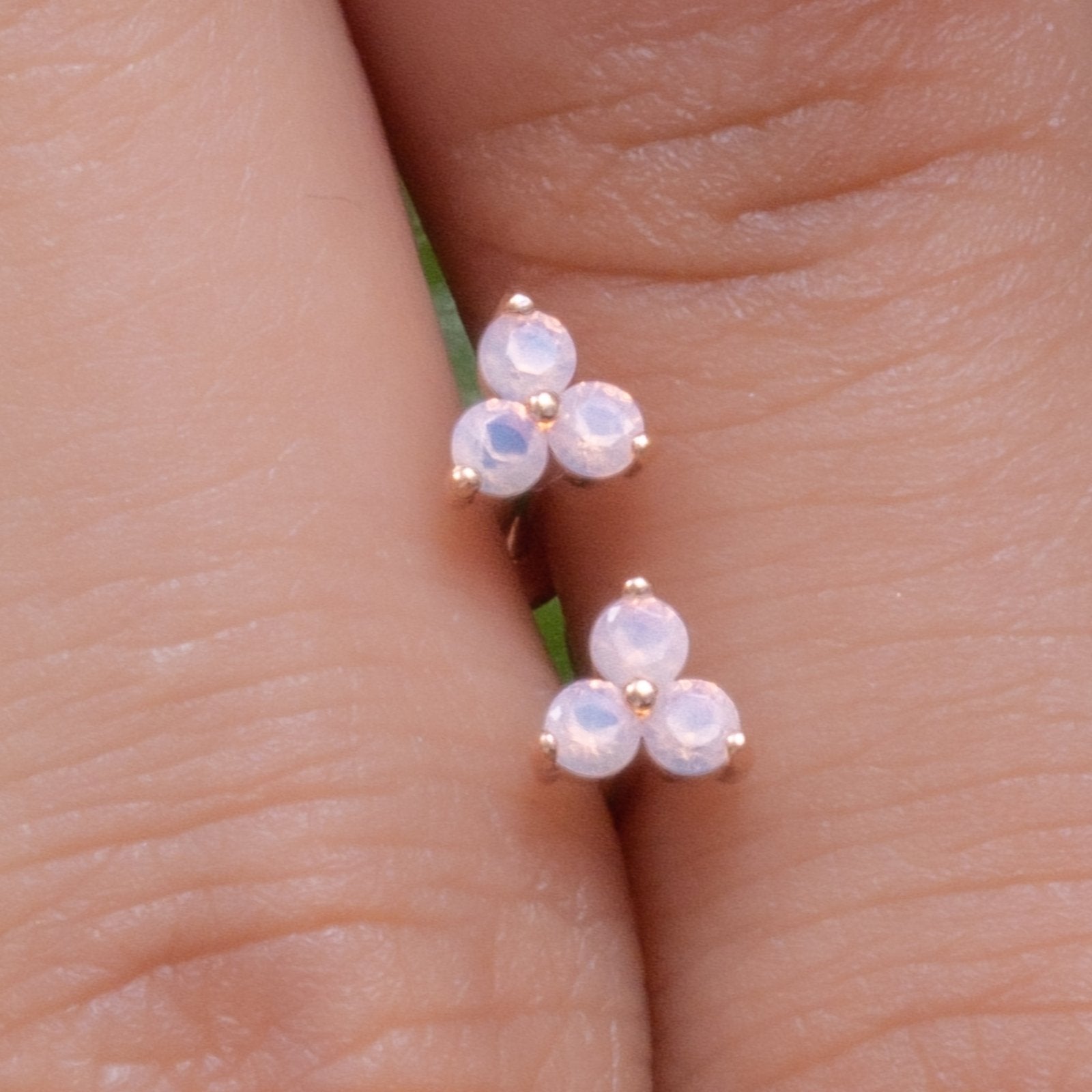 14K Rose Gold Pink Opal Trinity Cluster Stud Earrings - Flat Back for Sensitive Ears | Perfect for Everyday Wear, Gift Giving & Special Occasions