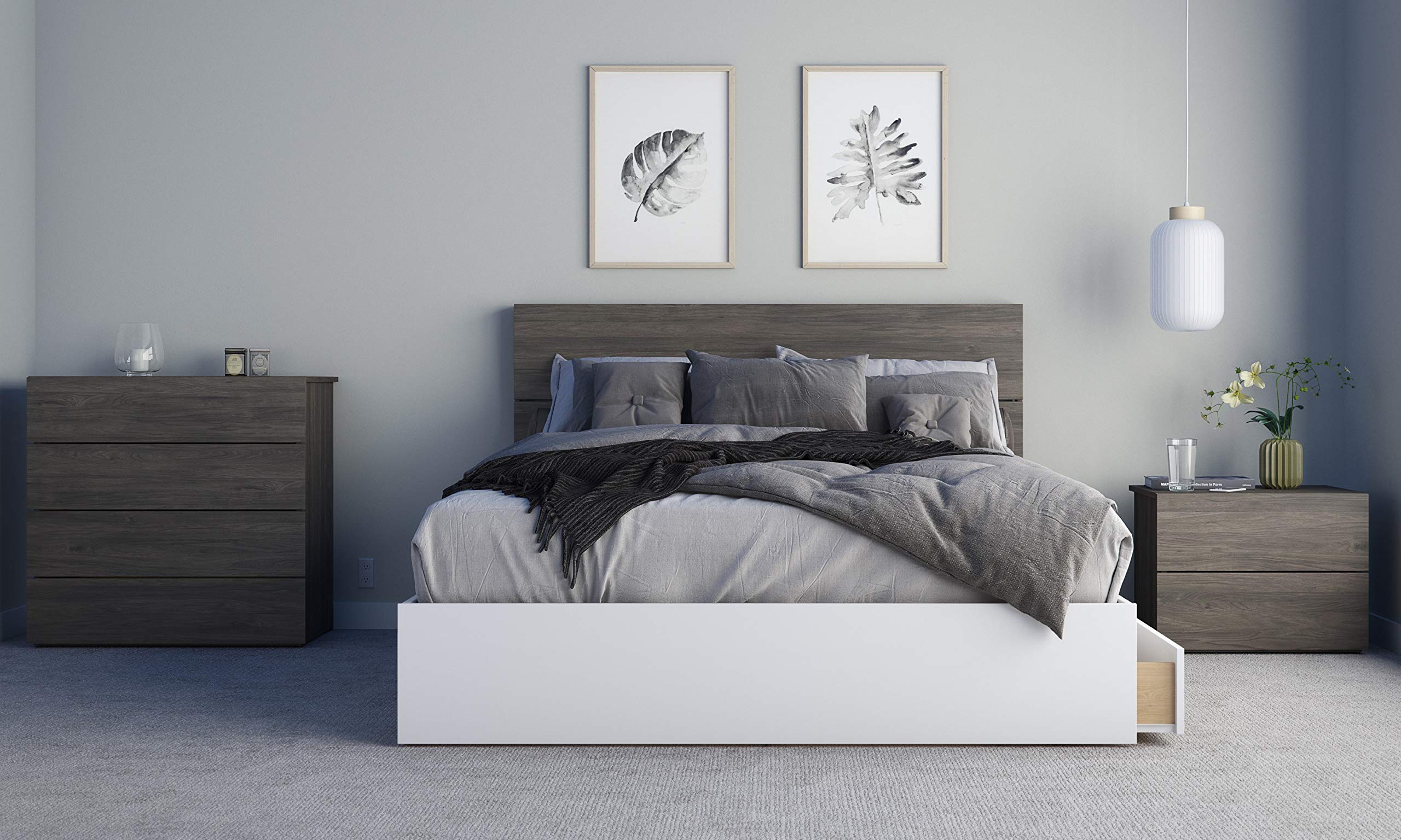 Nexera Milton 4-Piece Queen Size Bedroom Set in Bark Grey & White - Modern Bed Frame, Nightstand & Dresser for Cozy Master Bedroom Decor