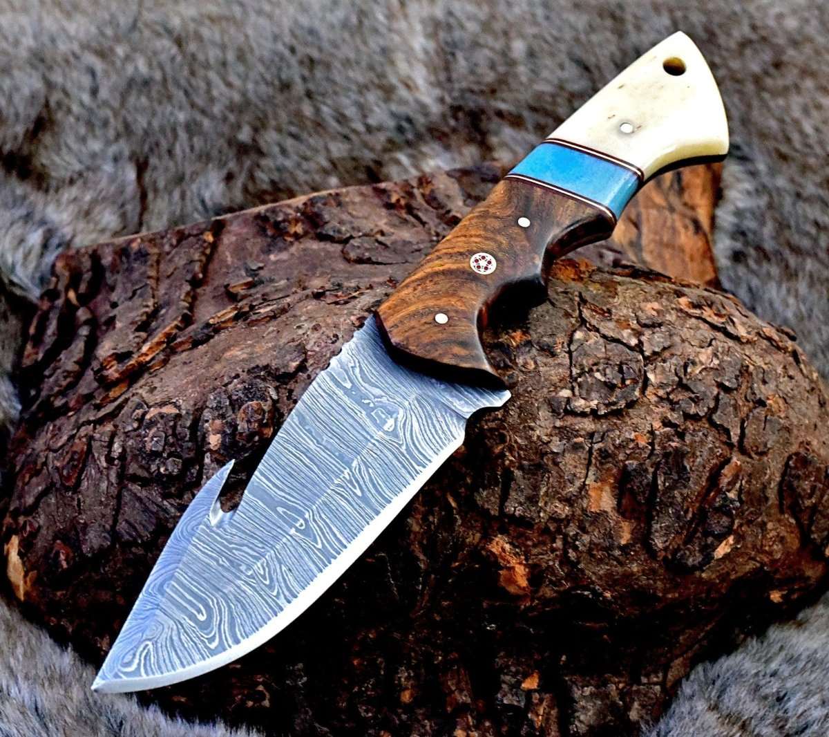 Premium Damascus Steel Gut Hook Hunting Knife with Rosewood & Bone Handle - Ideal for Outdoor Survival, Camping, and Bushcraft Activities